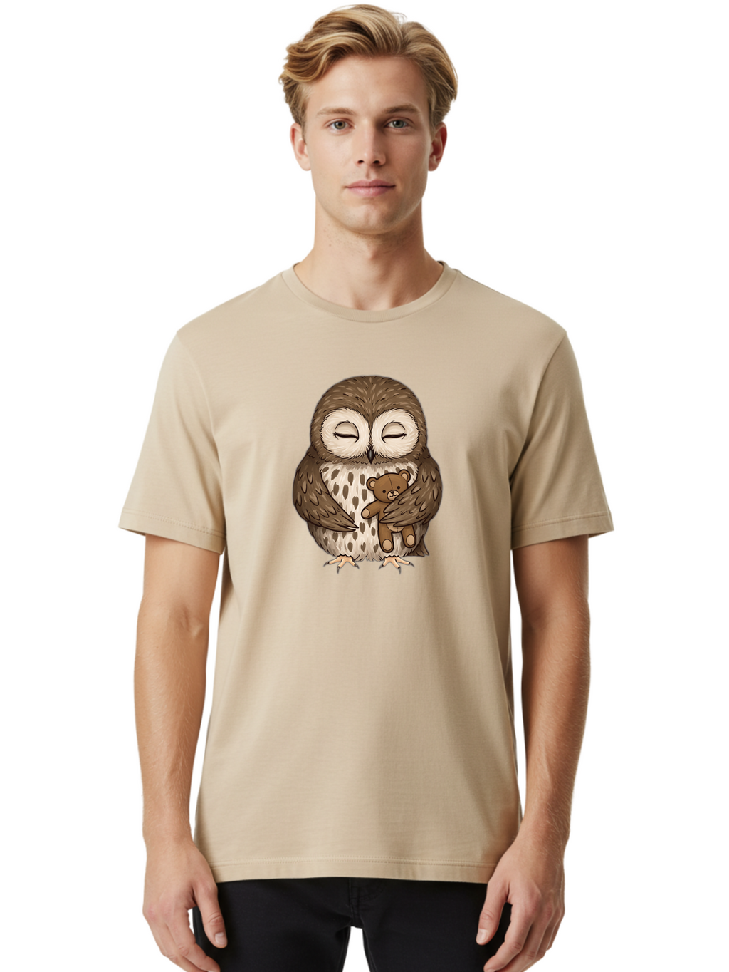 Owl-With-Teddy-4 Men'S Graphic Tee, 100% Cotton, Comfortable Casual Summer Wear, Machine Washable, Vintage Camera, Old Camera, Antique Camera, Black Camera, Classic Photography, Photography Equipment, Nostalgic Device, Film Camera, Camera Art Baf939