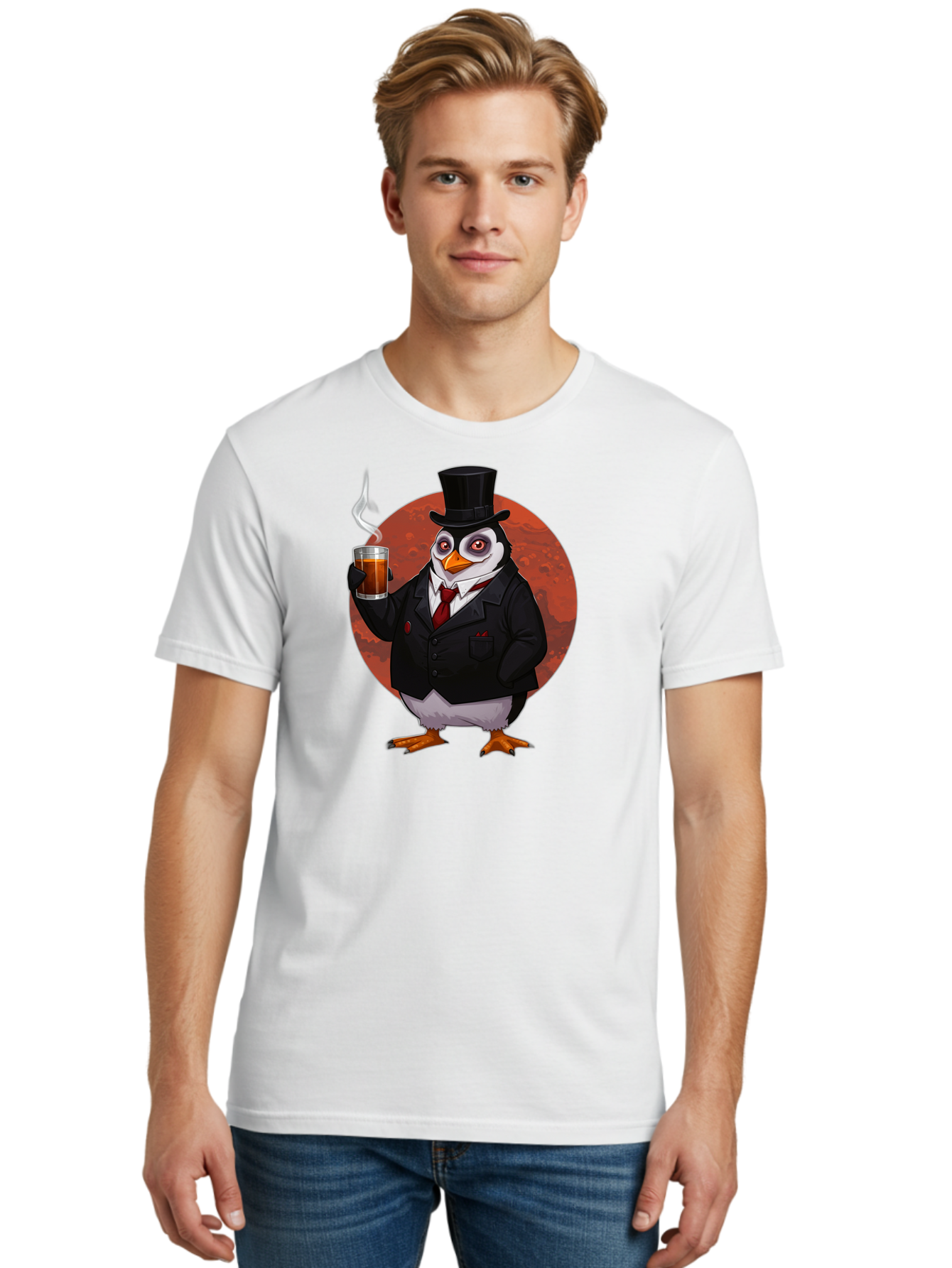 Penguin-In-Suit-4 Men'S Graphic Tee, 100% Cotton, Comfortable Casual Summer Wear, Machine Washable, Vintage Camera, Old Camera, Antique Camera, Black Camera, Classic Photography, Photography Equipment, Nostalgic Device, Film Camera, Camera Art Baf986