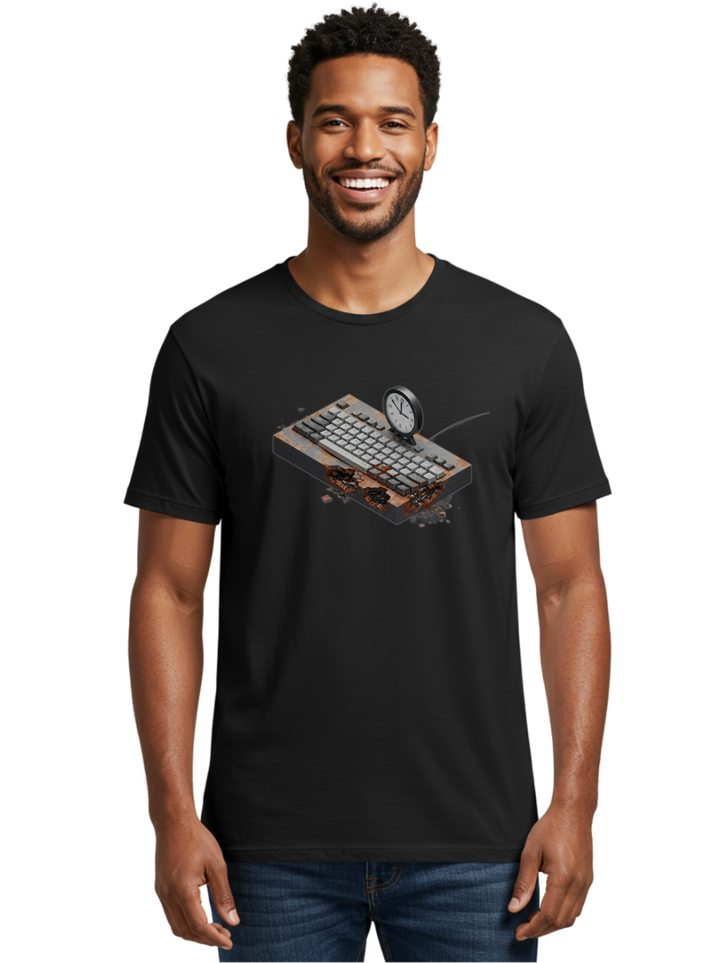 Rusty-Keyboard-And-Clock Men'S Graphic Tee, 100% Cotton, Comfortable Casual Summer Wear, Machine Washable, Vintage Camera, Old Camera, Antique Camera, Black Camera, Classic Photography, Photography Equipment, Nostalgic Device, Film Camera, Bag003