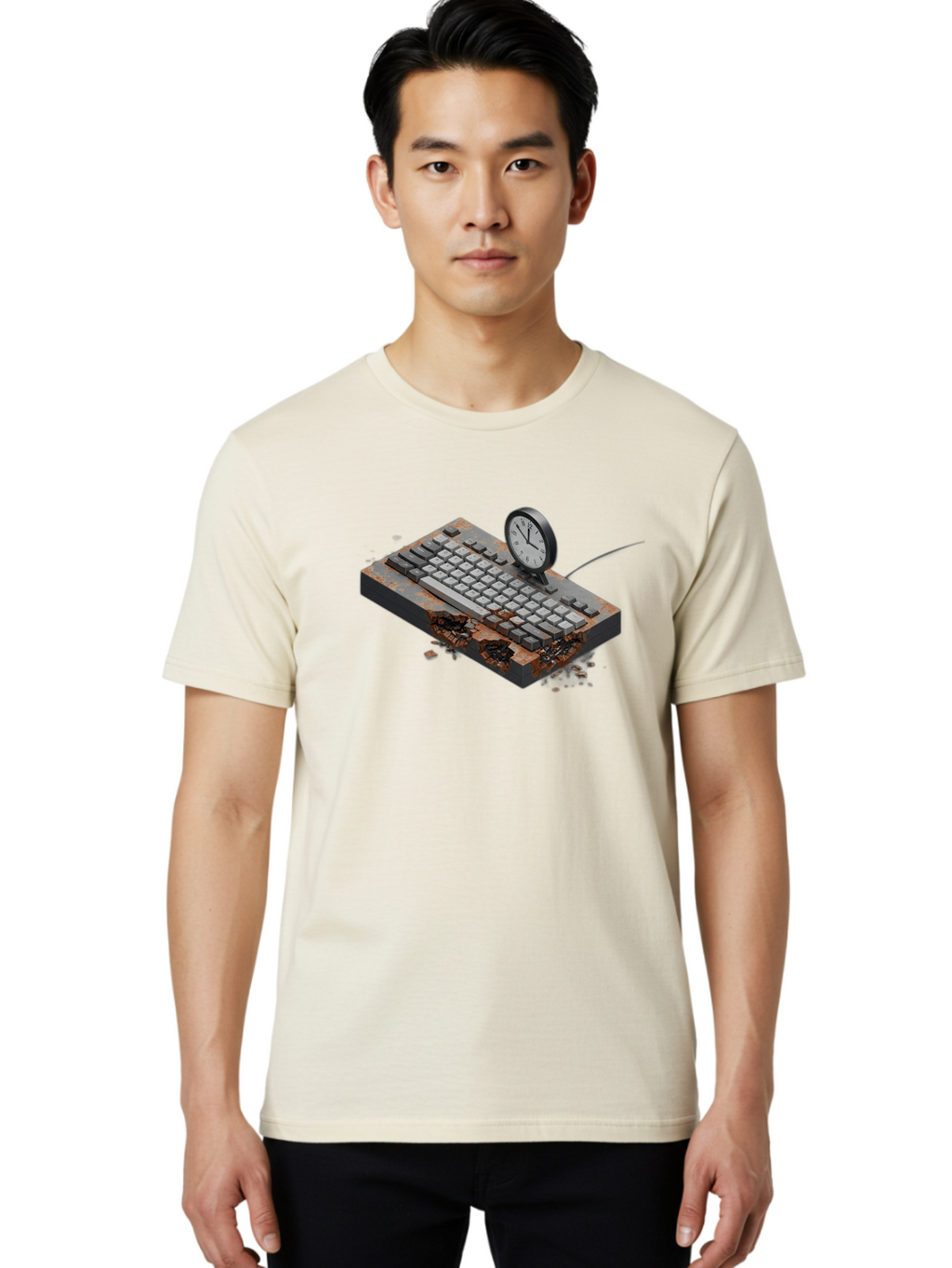 Rusty-Keyboard-And-Clock Men'S Graphic Tee, 100% Cotton, Comfortable Casual Summer Wear, Machine Washable, Vintage Camera, Old Camera, Antique Camera, Black Camera, Classic Photography, Photography Equipment, Nostalgic Device, Film Camera, Bag003