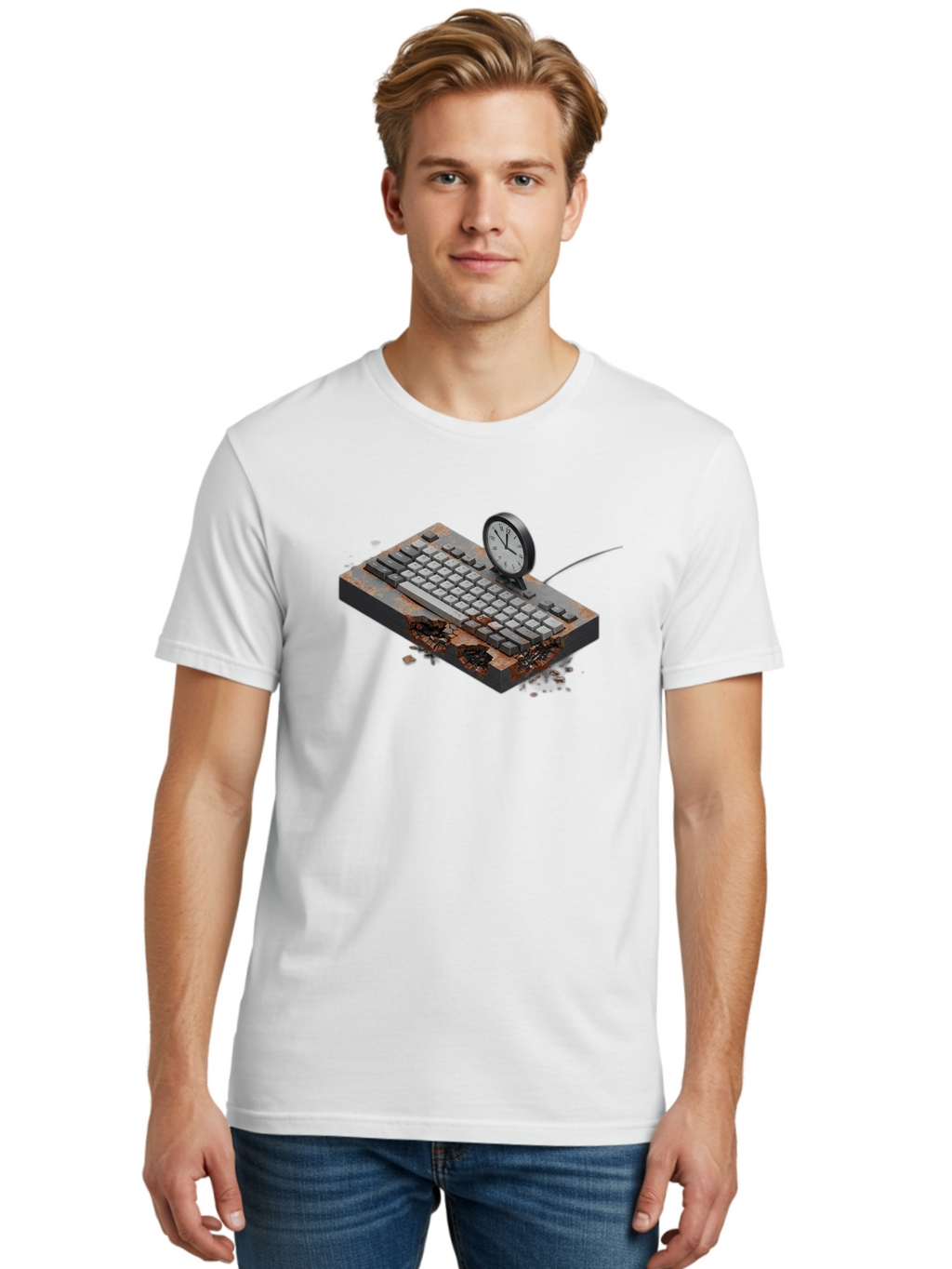 Rusty-Keyboard-And-Clock Men'S Graphic Tee, 100% Cotton, Comfortable Casual Summer Wear, Machine Washable, Vintage Camera, Old Camera, Antique Camera, Black Camera, Classic Photography, Photography Equipment, Nostalgic Device, Film Camera, Bag003