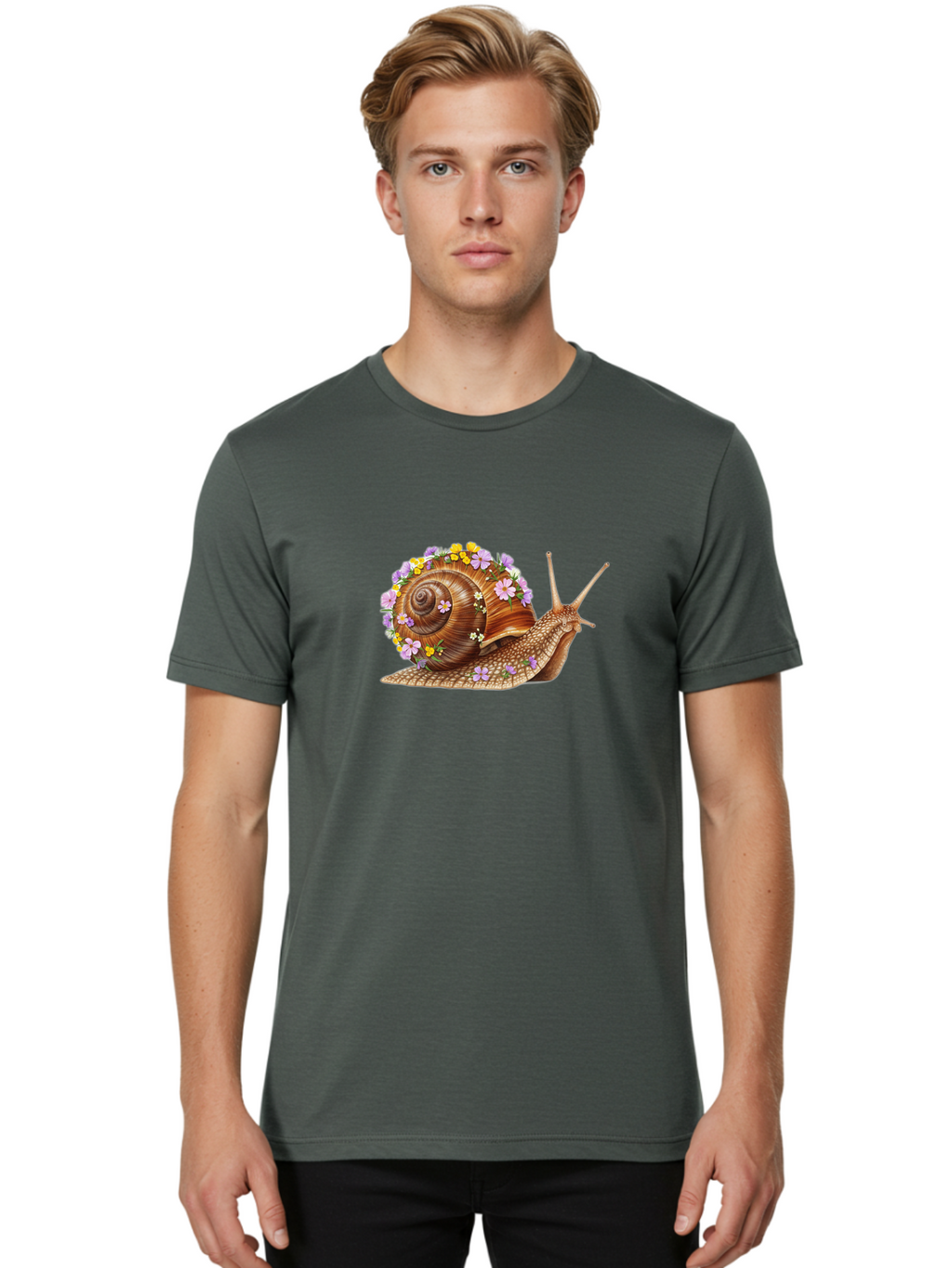 Snail-With-Flowers-2 Men'S Graphic Tee, 100% Cotton, Comfortable Casual Summer Wear, Machine Washable, Vintage Camera, Old Camera, Antique Camera, Black Camera, Classic Photography, Photography Equipment, Nostalgic Device, Film Camera, Bag021