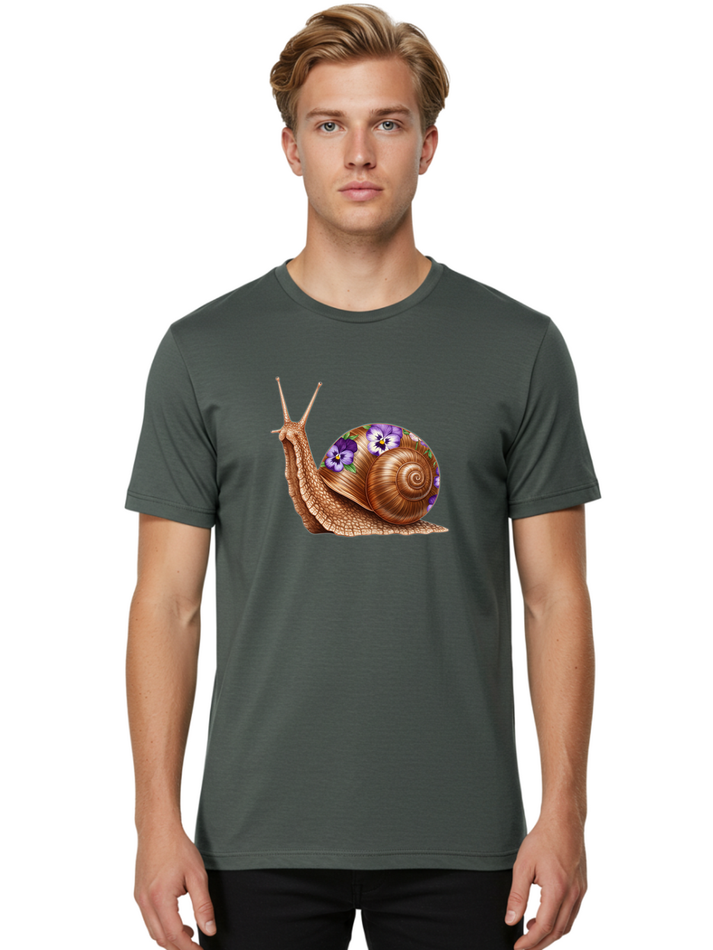Snail-With-Purple-Flowers-1 Men'S Graphic Tee, 100% Cotton, Comfortable Casual Summer Wear, Machine Washable, Vintage Camera, Old Camera, Antique Camera, Black Camera, Classic Photography, Photography Equipment, Nostalgic Device, Film Camera, Bag025