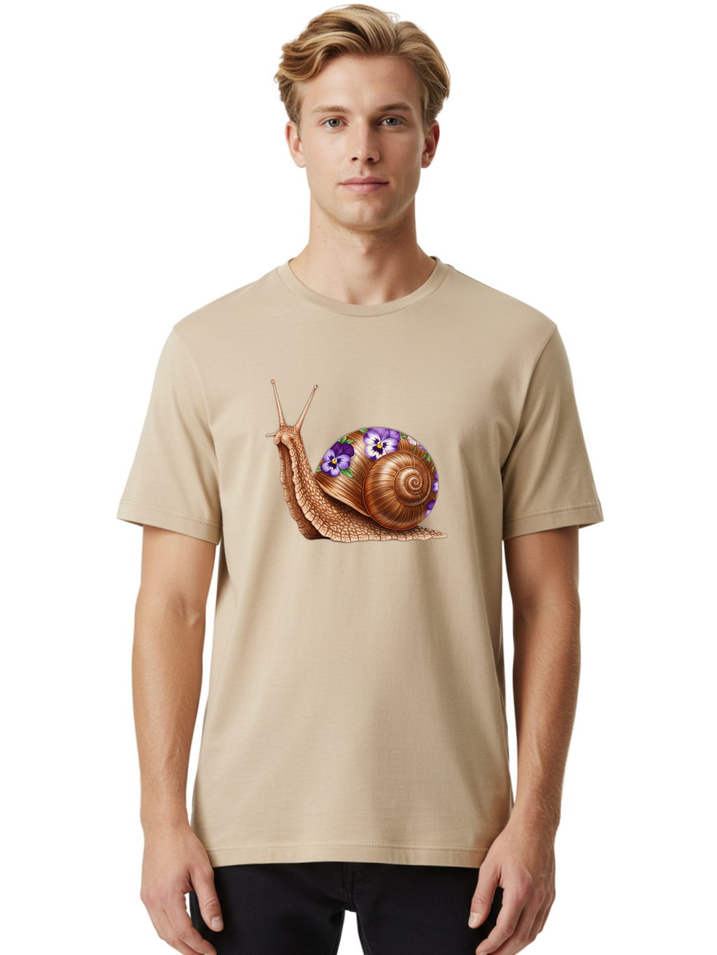Snail-With-Purple-Flowers-1 Men'S Graphic Tee, 100% Cotton, Comfortable Casual Summer Wear, Machine Washable, Vintage Camera, Old Camera, Antique Camera, Black Camera, Classic Photography, Photography Equipment, Nostalgic Device, Film Camera, Bag025