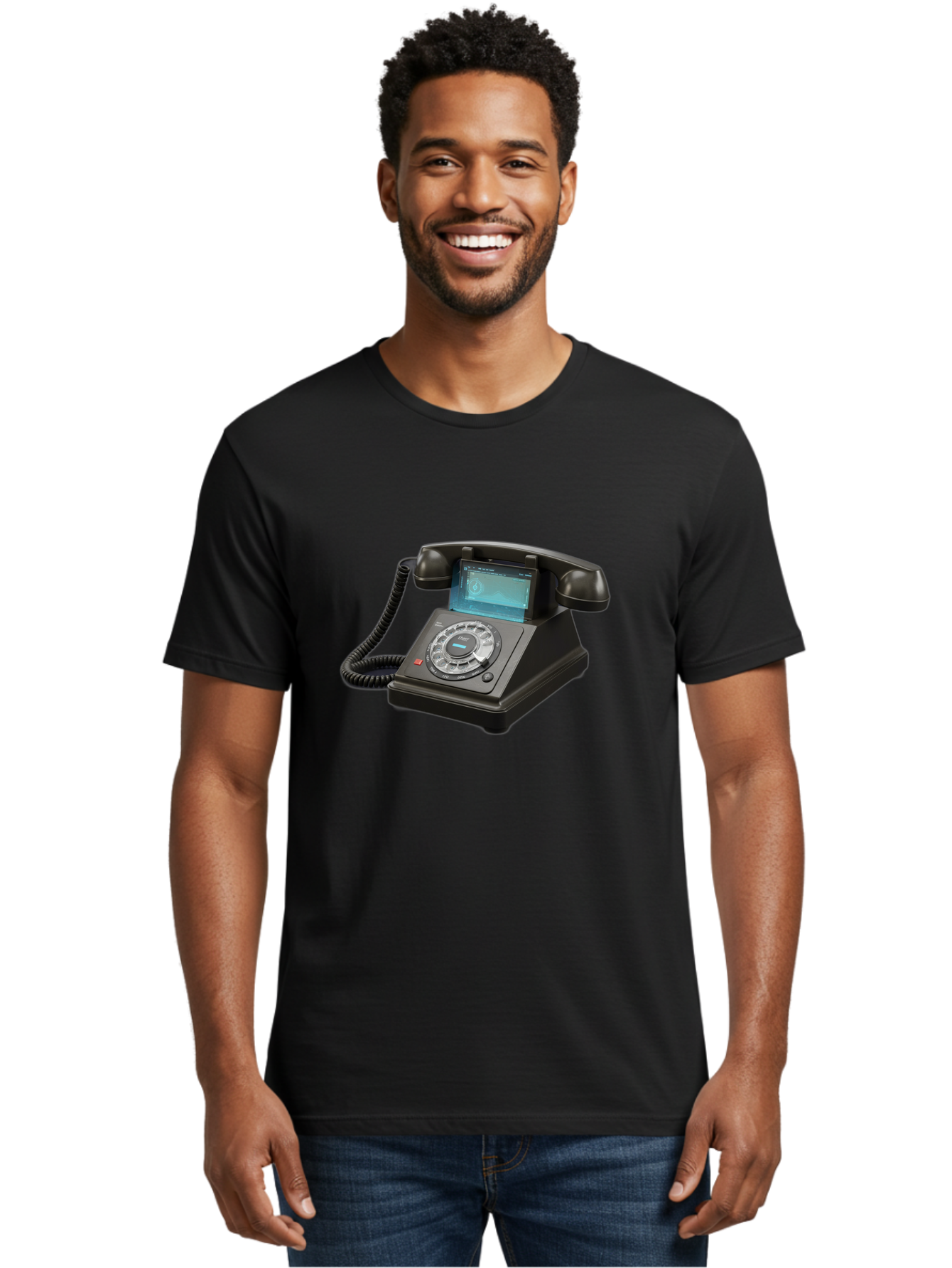 Black-Rotary-Phone-With-Lcd-Screen Men'S Graphic Tee, 100% Cotton, Comfortable Casual Summer Wear, Machine Washable, Vintage Camera, Old Camera, Antique Camera, Black Camera, Classic Photography, Photography Equipment, Nostalgic Device, Bag182