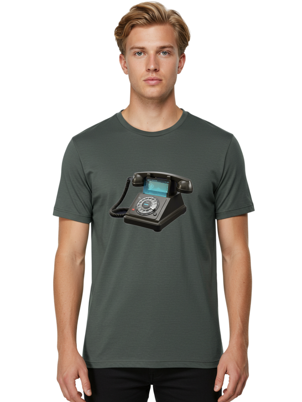 Black-Rotary-Phone-With-Lcd-Screen Men'S Graphic Tee, 100% Cotton, Comfortable Casual Summer Wear, Machine Washable, Vintage Camera, Old Camera, Antique Camera, Black Camera, Classic Photography, Photography Equipment, Nostalgic Device, Bag182
