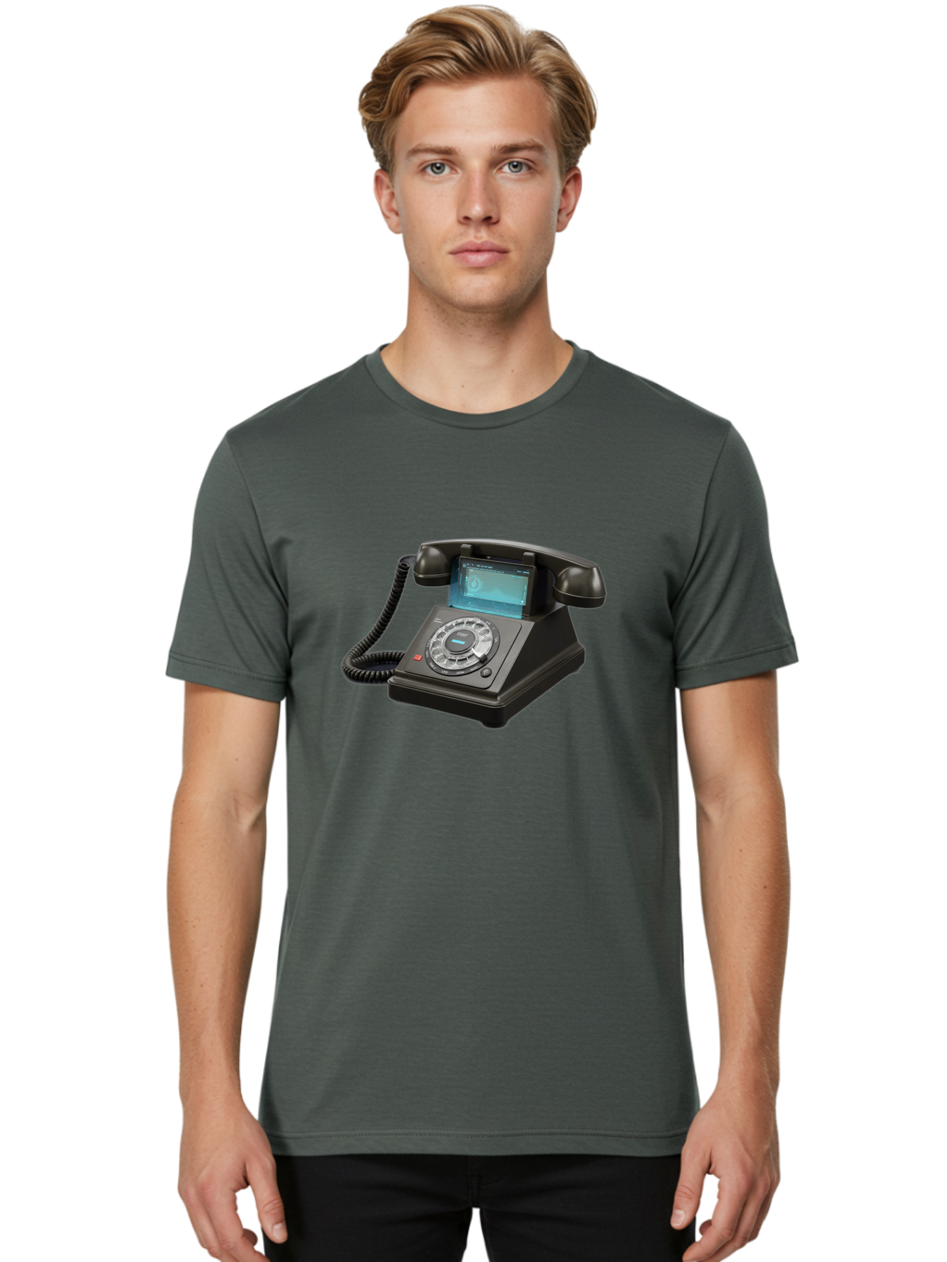 Black-Rotary-Phone-With-Lcd-Screen Men'S Graphic Tee, 100% Cotton, Comfortable Casual Summer Wear, Machine Washable, Vintage Camera, Old Camera, Antique Camera, Black Camera, Classic Photography, Photography Equipment, Nostalgic Device, Bag182