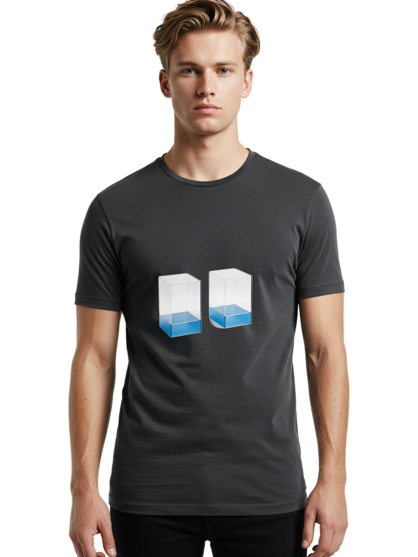 Clear-Boxes-With-Blue-Liquid Men'S Graphic Tee, 100% Cotton, Comfortable Casual Summer Wear, Machine Washable, Vintage Camera, Old Camera, Antique Camera, Black Camera, Classic Photography, Photography Equipment, Nostalgic Device, Film Camera, Bag302