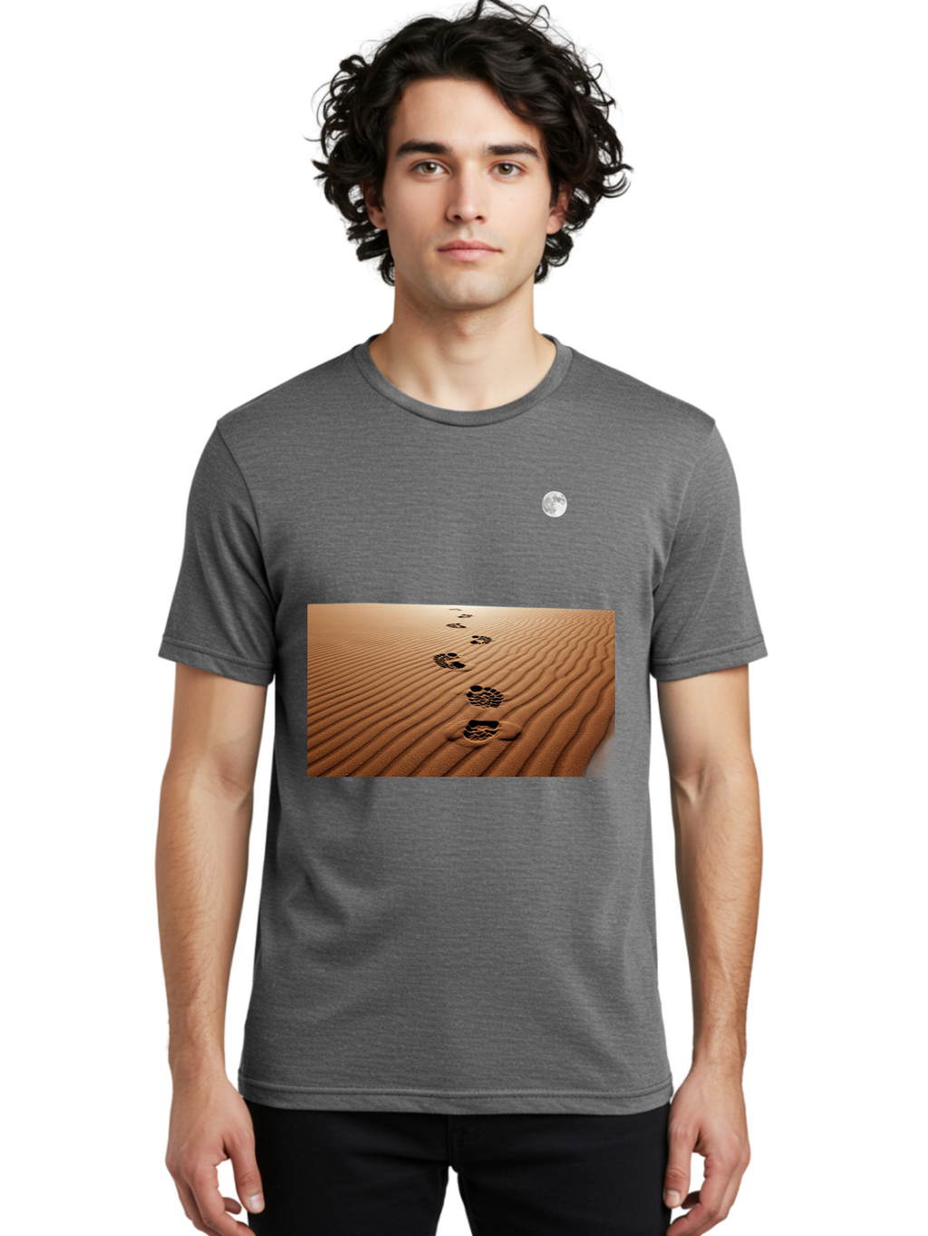 Footprints-In-Sand-Under-Moon Men'S Graphic Tee, 100% Cotton, Comfortable Casual Summer Wear, Machine Washable, Vintage Camera, Old Camera, Antique Camera, Black Camera, Classic Photography, Photography Equipment, Nostalgic Device, Bag487