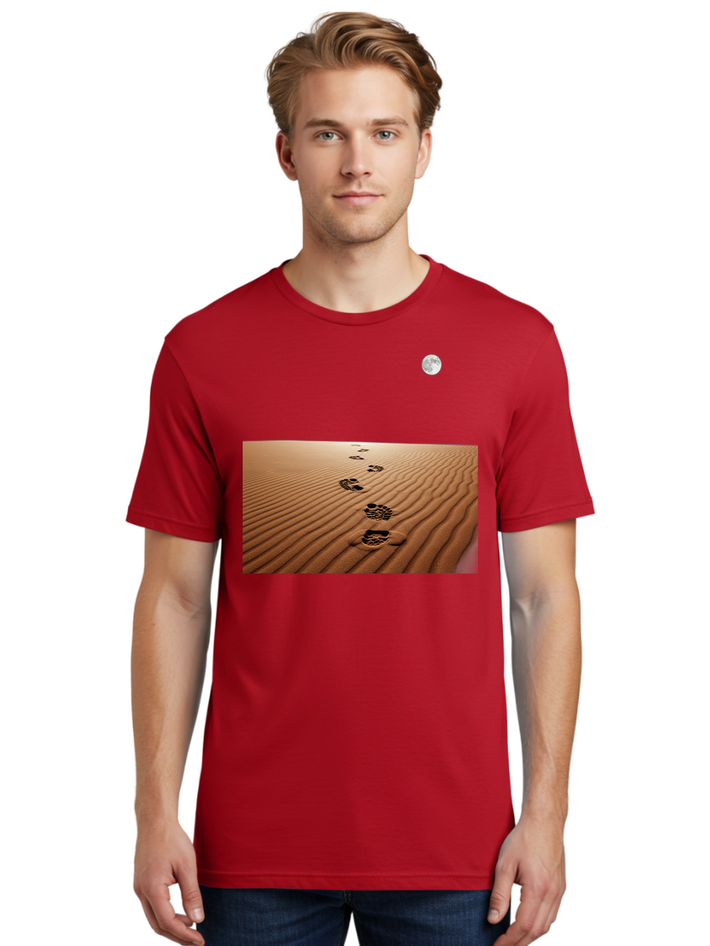 Footprints-In-Sand-Under-Moon Men'S Graphic Tee, 100% Cotton, Comfortable Casual Summer Wear, Machine Washable, Vintage Camera, Old Camera, Antique Camera, Black Camera, Classic Photography, Photography Equipment, Nostalgic Device, Bag487