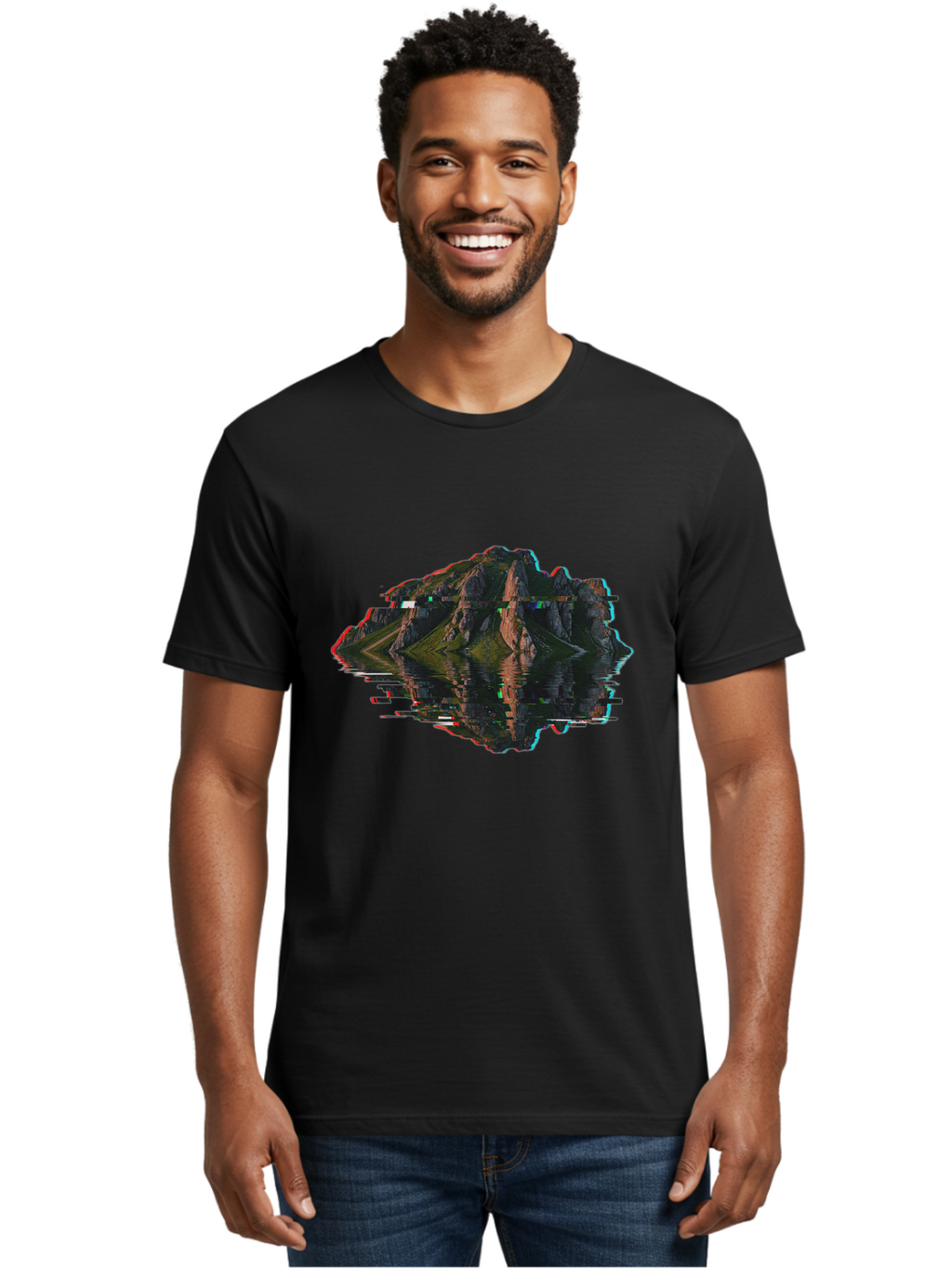 Glitching-Mountain-Landscape Men'S Graphic Tee, 100% Cotton, Comfortable Casual Summer Wear, Machine Washable, Vintage Camera, Old Camera, Antique Camera, Black Camera, Classic Photography, Photography Equipment, Nostalgic Device, Film Camera, Bag533