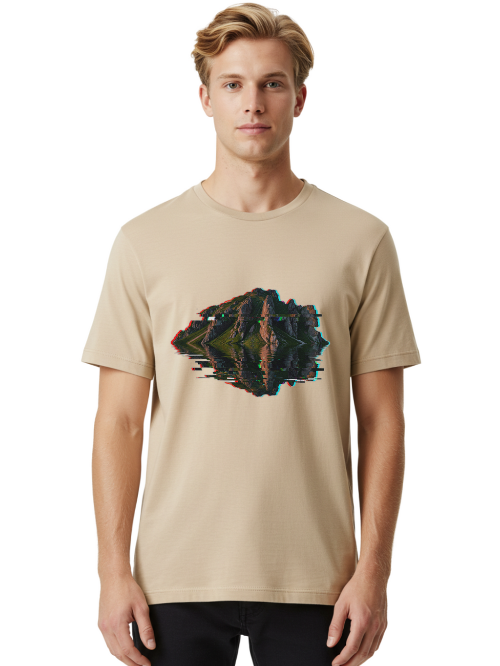 Glitching-Mountain-Landscape Men'S Graphic Tee, 100% Cotton, Comfortable Casual Summer Wear, Machine Washable, Vintage Camera, Old Camera, Antique Camera, Black Camera, Classic Photography, Photography Equipment, Nostalgic Device, Film Camera, Bag533