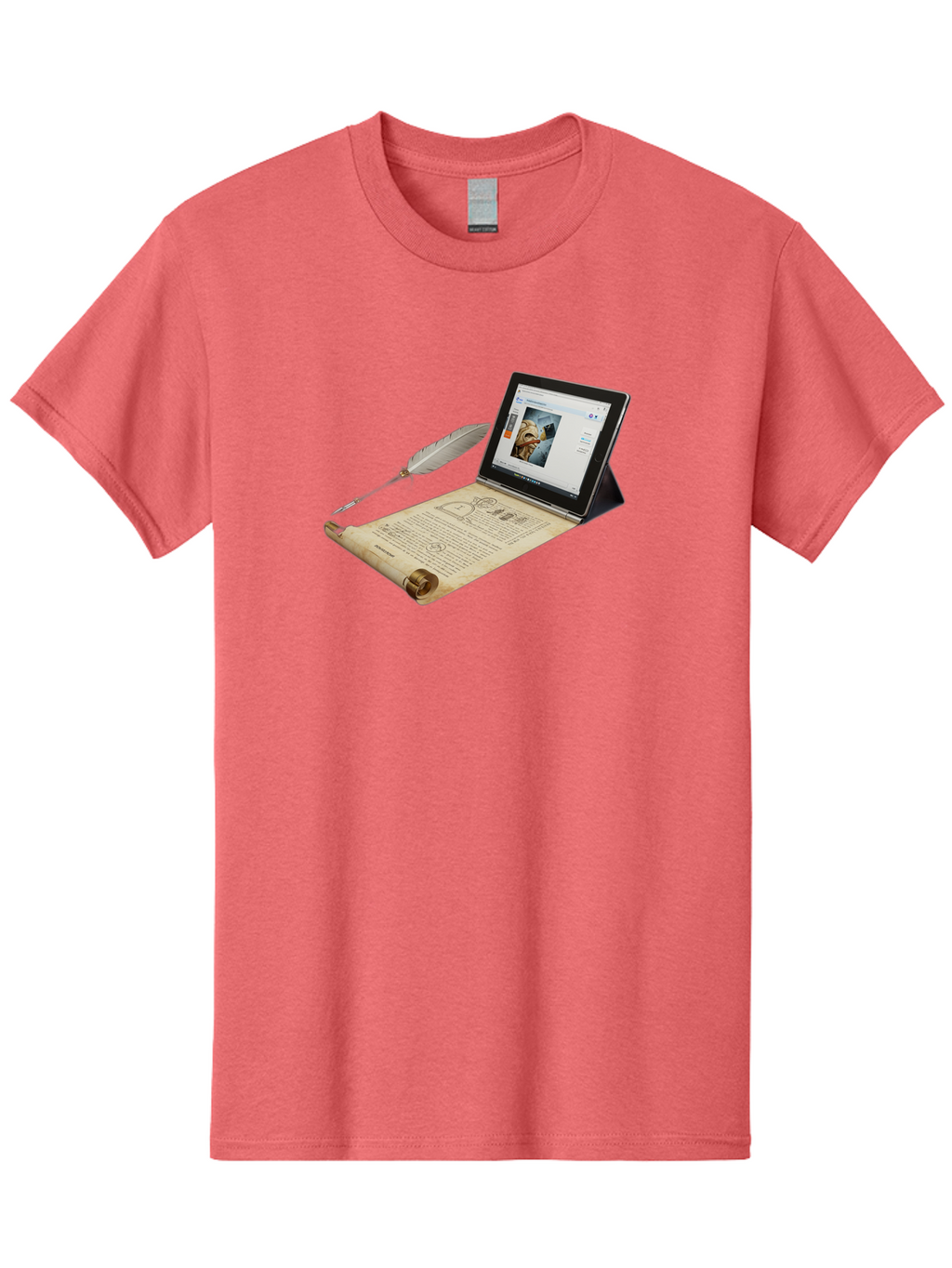Laptop-Emerging-From-Scroll-With-Quill-Pen Men'S Graphic Tee, 100% Cotton, Comfortable Casual Summer Wear, Machine Washable, Vintage Camera, Old Camera, Antique Camera, Black Camera, Classic Photography, Photography Equipment, Bag679