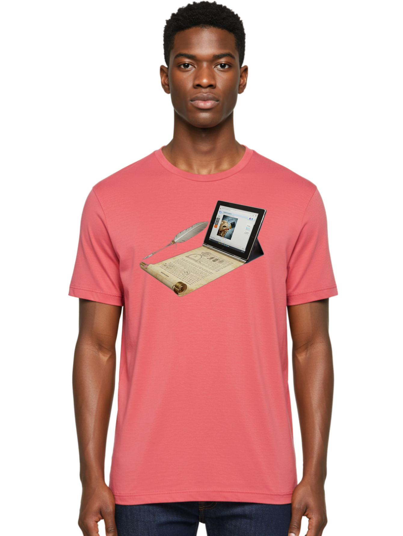 Laptop-Emerging-From-Scroll-With-Quill-Pen Men'S Graphic Tee, 100% Cotton, Comfortable Casual Summer Wear, Machine Washable, Vintage Camera, Old Camera, Antique Camera, Black Camera, Classic Photography, Photography Equipment, Bag679