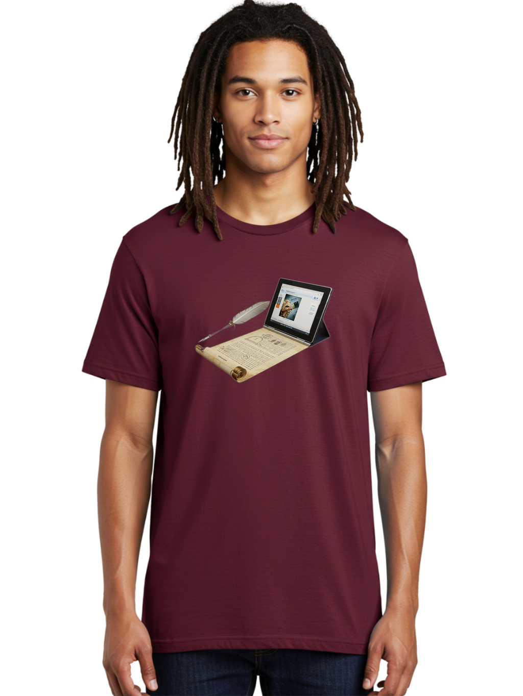 Laptop-Emerging-From-Scroll-With-Quill-Pen Men'S Graphic Tee, 100% Cotton, Comfortable Casual Summer Wear, Machine Washable, Vintage Camera, Old Camera, Antique Camera, Black Camera, Classic Photography, Photography Equipment, Bag679