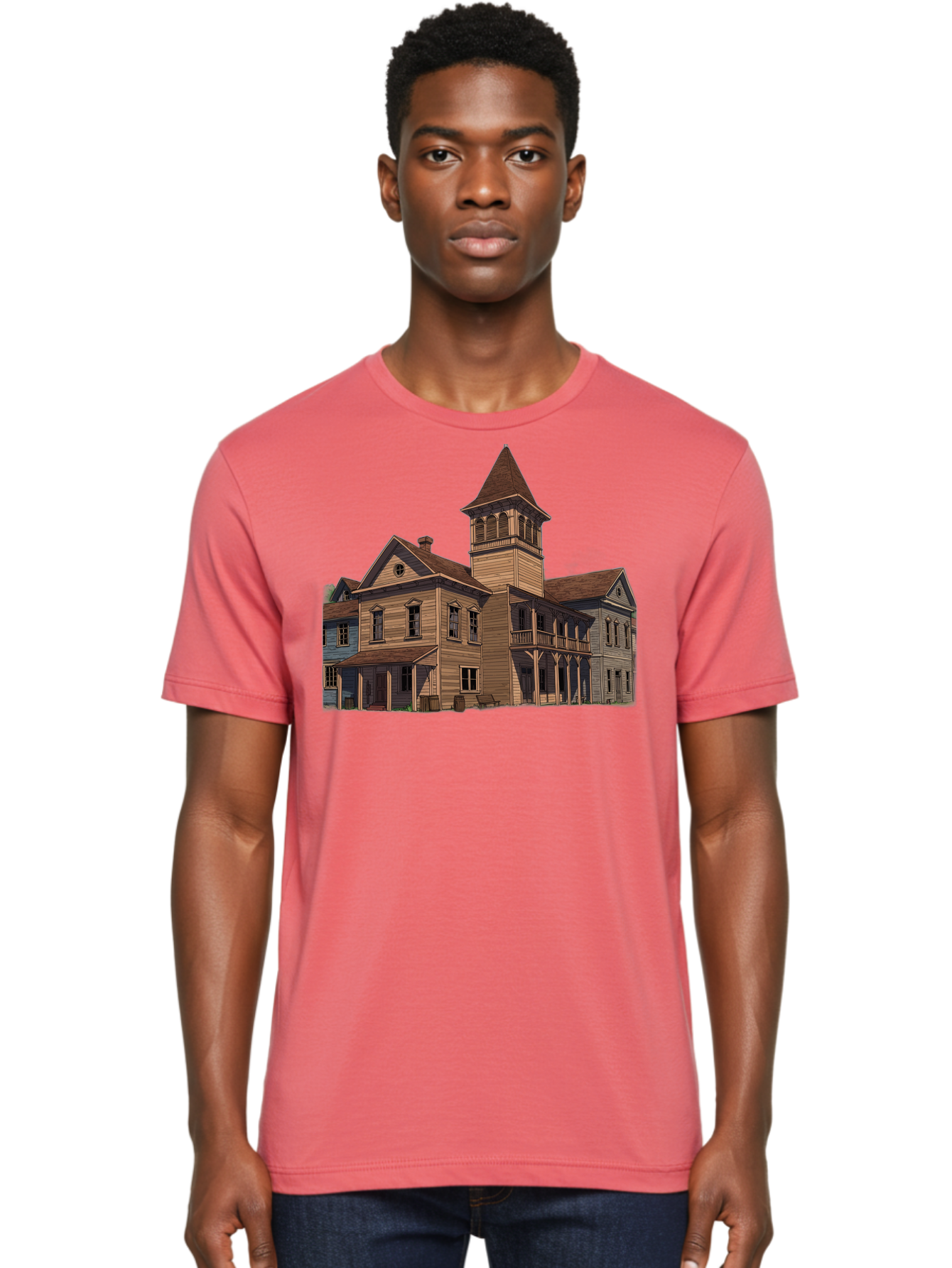 Large-Building-With-Tower Men'S Graphic Tee, 100% Cotton, Comfortable Casual Summer Wear, Machine Washable, Vintage Camera, Old Camera, Antique Camera, Black Camera, Classic Photography, Photography Equipment, Nostalgic Device, Film Camera, Bag680