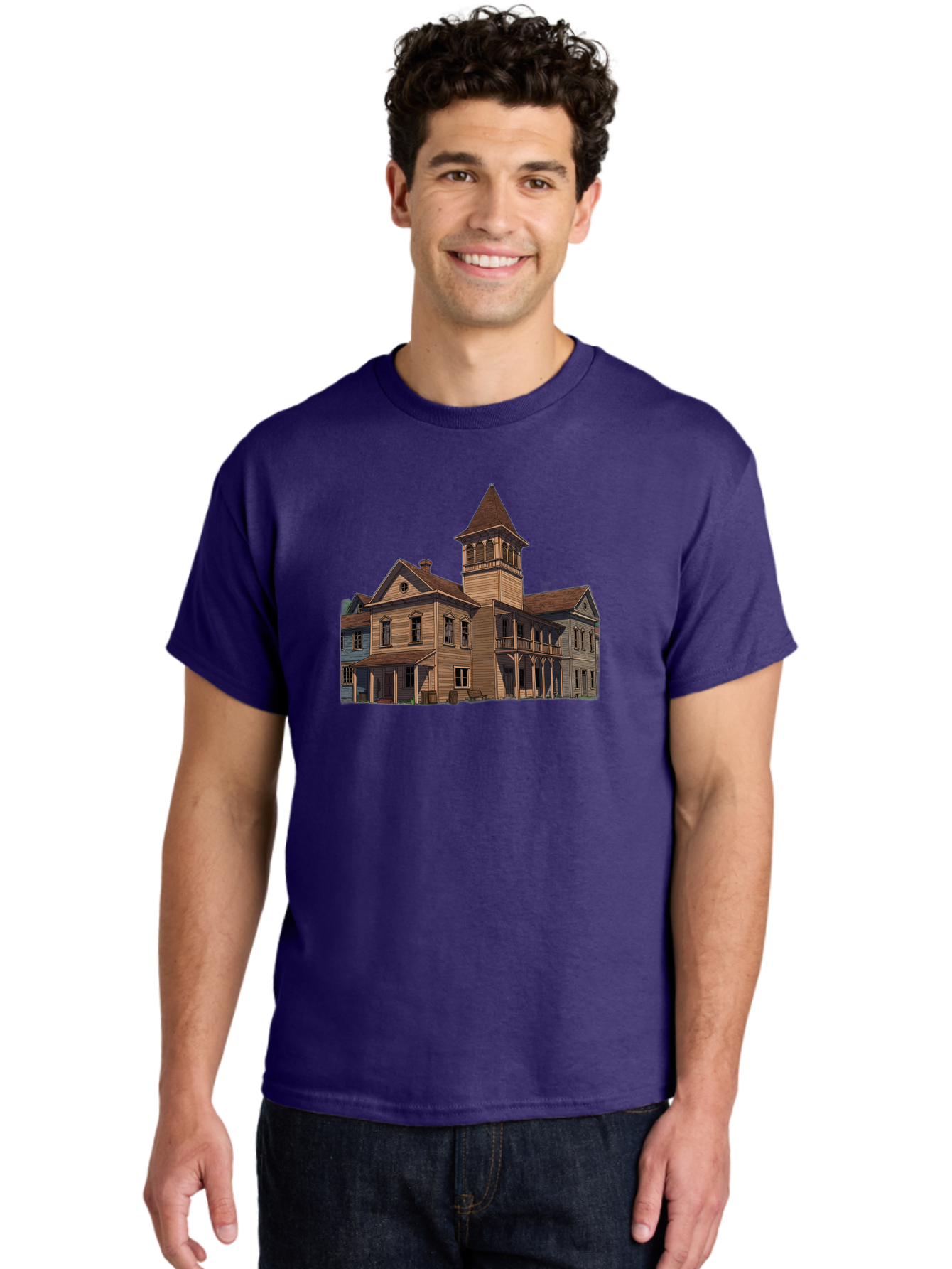 Large-Building-With-Tower Men'S Graphic Tee, 100% Cotton, Comfortable Casual Summer Wear, Machine Washable, Vintage Camera, Old Camera, Antique Camera, Black Camera, Classic Photography, Photography Equipment, Nostalgic Device, Film Camera, Bag680