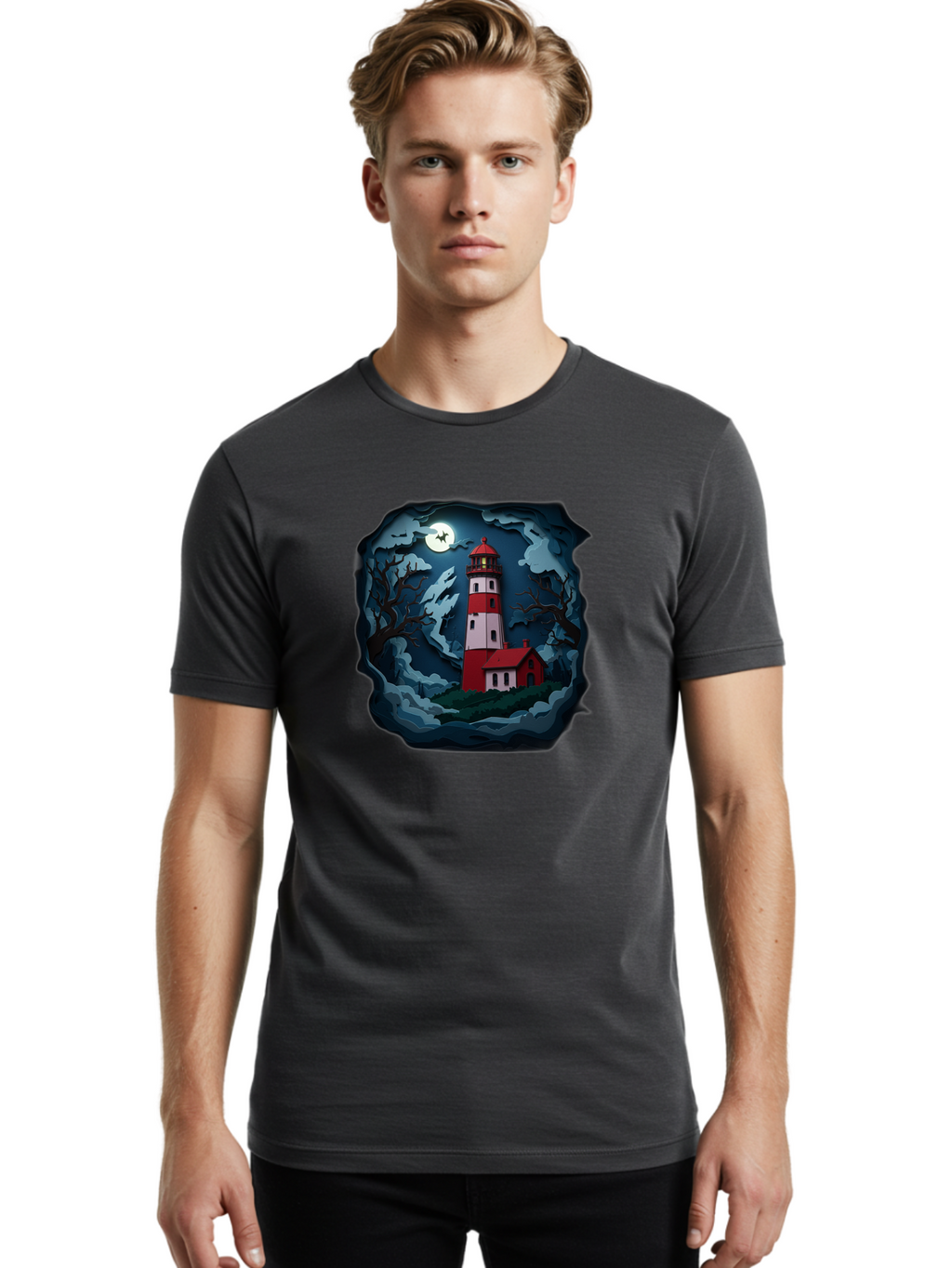 Lighthouse-At-Night Men'S Graphic Tee, 100% Cotton, Comfortable Casual Summer Wear, Machine Washable, Vintage Camera, Old Camera, Antique Camera, Black Camera, Classic Photography, Photography Equipment, Nostalgic Device, Film Camera, Bag715