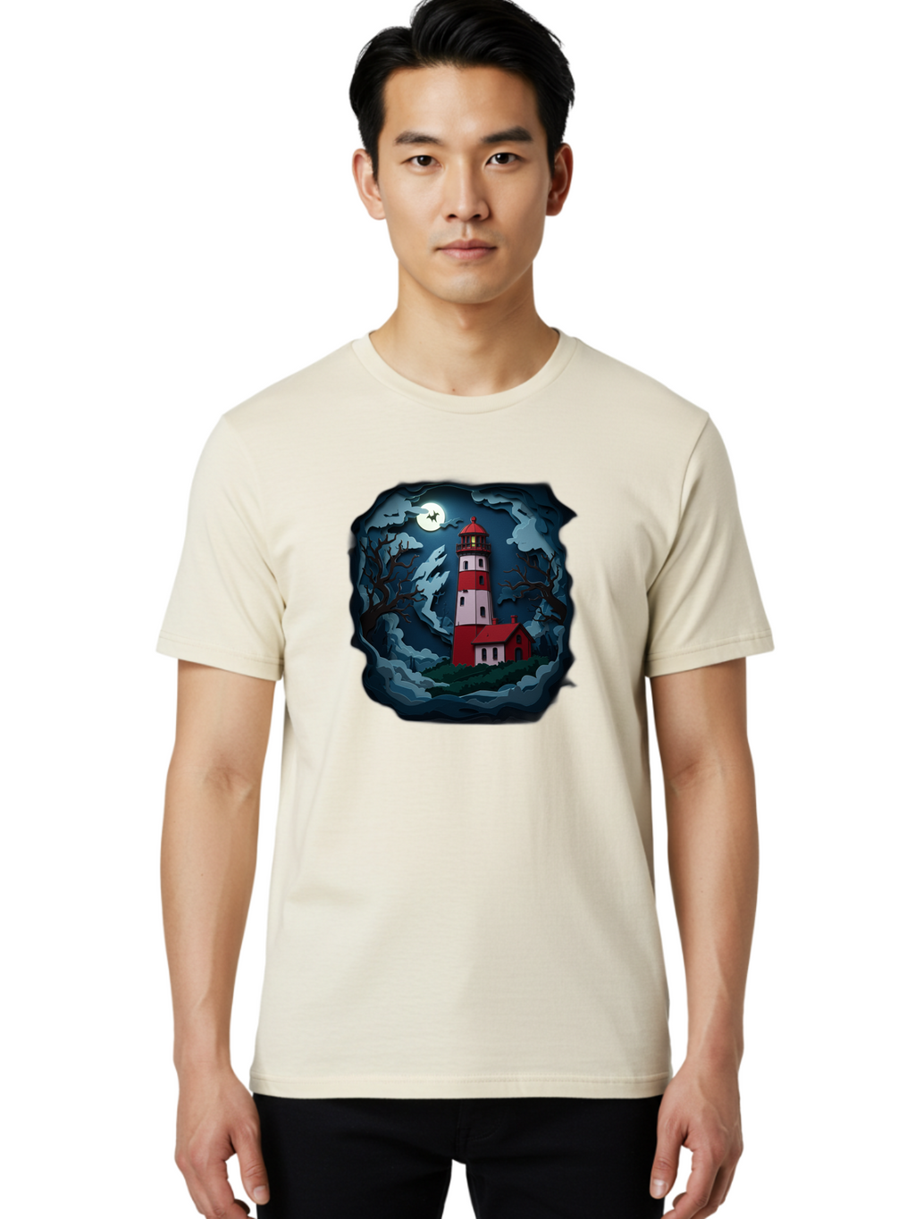 Lighthouse-At-Night Men'S Graphic Tee, 100% Cotton, Comfortable Casual Summer Wear, Machine Washable, Vintage Camera, Old Camera, Antique Camera, Black Camera, Classic Photography, Photography Equipment, Nostalgic Device, Film Camera, Bag715