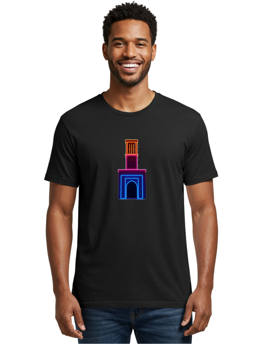 Neon-Tower-With-Archway Men'S Graphic Tee, 100% Cotton, Comfortable Casual Summer Wear, Machine Washable, Vintage Camera, Old Camera, Antique Camera, Black Camera, Classic Photography, Photography Equipment, Nostalgic Device, Film Camera, Bag856
