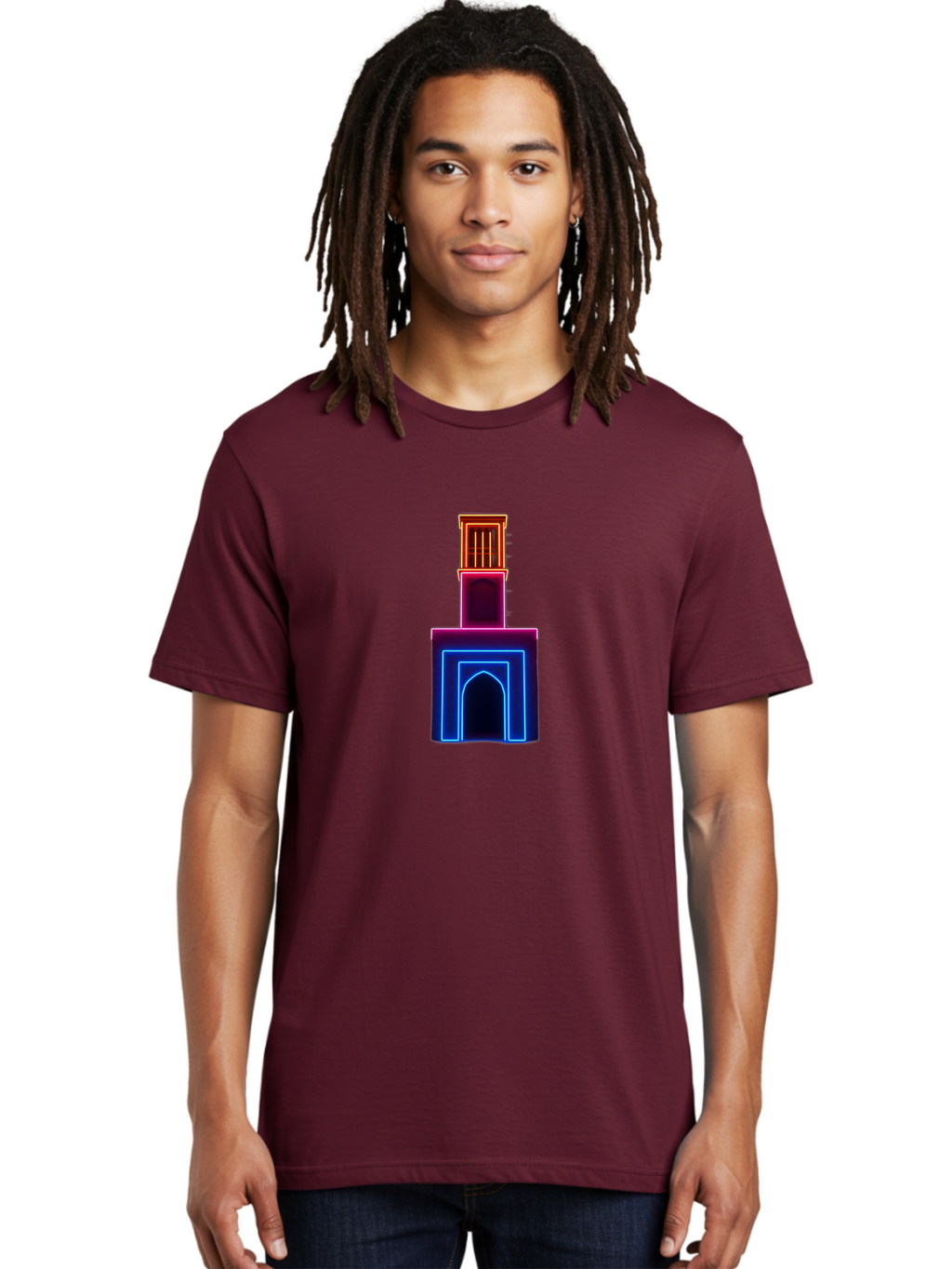 Neon-Tower-With-Archway Men'S Graphic Tee, 100% Cotton, Comfortable Casual Summer Wear, Machine Washable, Vintage Camera, Old Camera, Antique Camera, Black Camera, Classic Photography, Photography Equipment, Nostalgic Device, Film Camera, Bag856