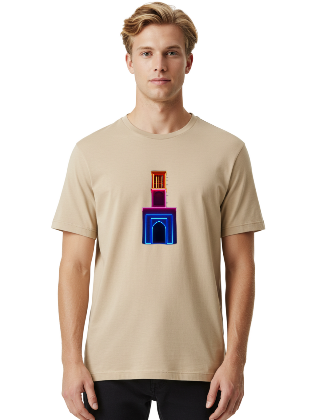 Neon-Tower-With-Archway Men'S Graphic Tee, 100% Cotton, Comfortable Casual Summer Wear, Machine Washable, Vintage Camera, Old Camera, Antique Camera, Black Camera, Classic Photography, Photography Equipment, Nostalgic Device, Film Camera, Bag856