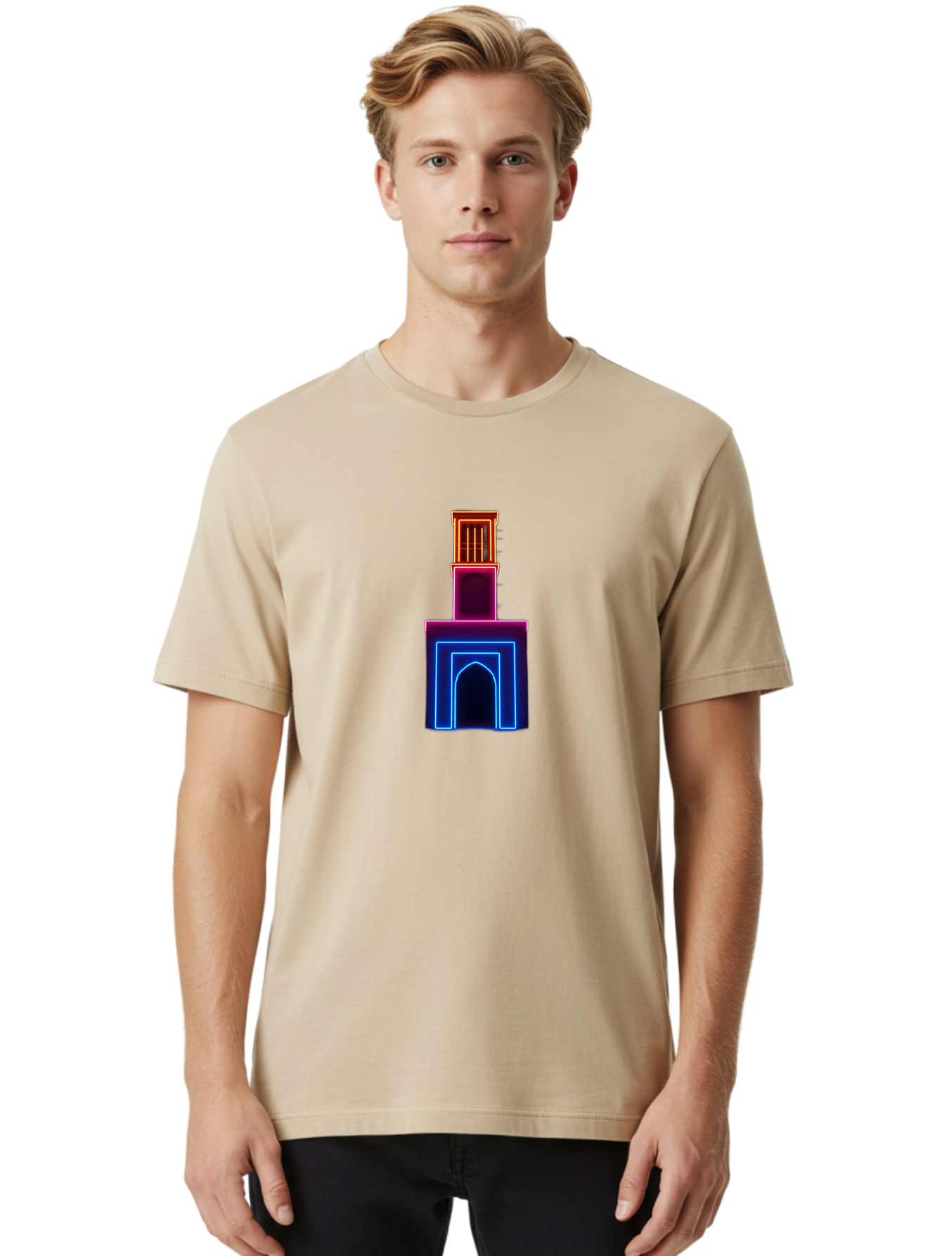Neon-Tower-With-Archway Men'S Graphic Tee, 100% Cotton, Comfortable Casual Summer Wear, Machine Washable, Vintage Camera, Old Camera, Antique Camera, Black Camera, Classic Photography, Photography Equipment, Nostalgic Device, Film Camera, Bag856