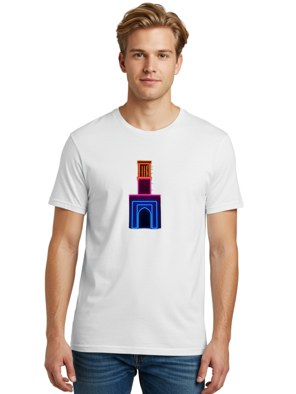 Neon-Tower-With-Archway Men'S Graphic Tee, 100% Cotton, Comfortable Casual Summer Wear, Machine Washable, Vintage Camera, Old Camera, Antique Camera, Black Camera, Classic Photography, Photography Equipment, Nostalgic Device, Film Camera, Bag856