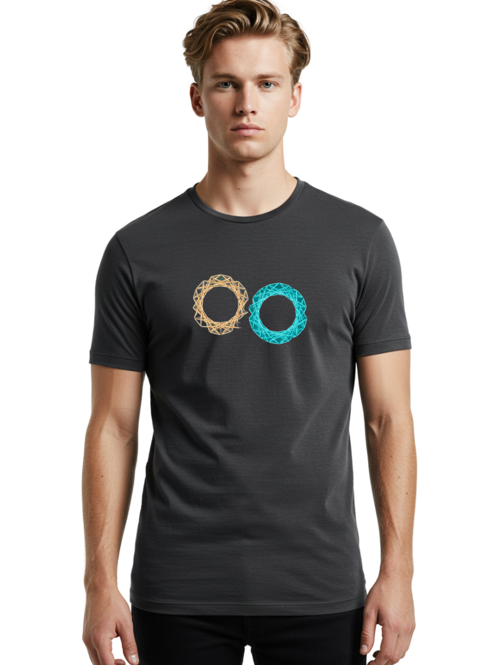 Orange-And-Blue-Wireframe-Circles Men'S Graphic Tee, 100% Cotton, Comfortable Casual Summer Wear, Machine Washable, Vintage Camera, Old Camera, Antique Camera, Black Camera, Classic Photography, Photography Equipment, Nostalgic Device, Bag881
