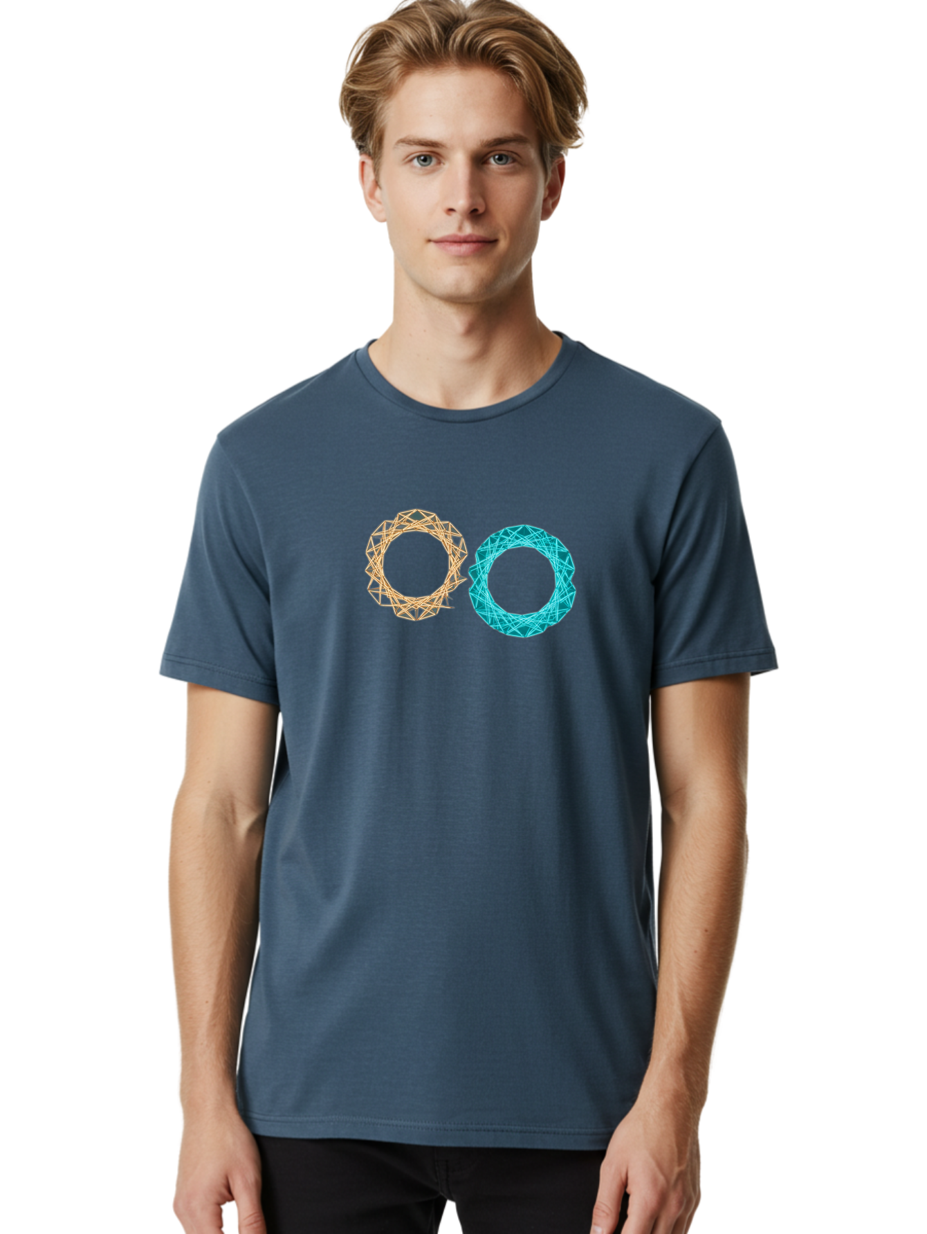 Orange-And-Blue-Wireframe-Circles Men'S Graphic Tee, 100% Cotton, Comfortable Casual Summer Wear, Machine Washable, Vintage Camera, Old Camera, Antique Camera, Black Camera, Classic Photography, Photography Equipment, Nostalgic Device, Bag881