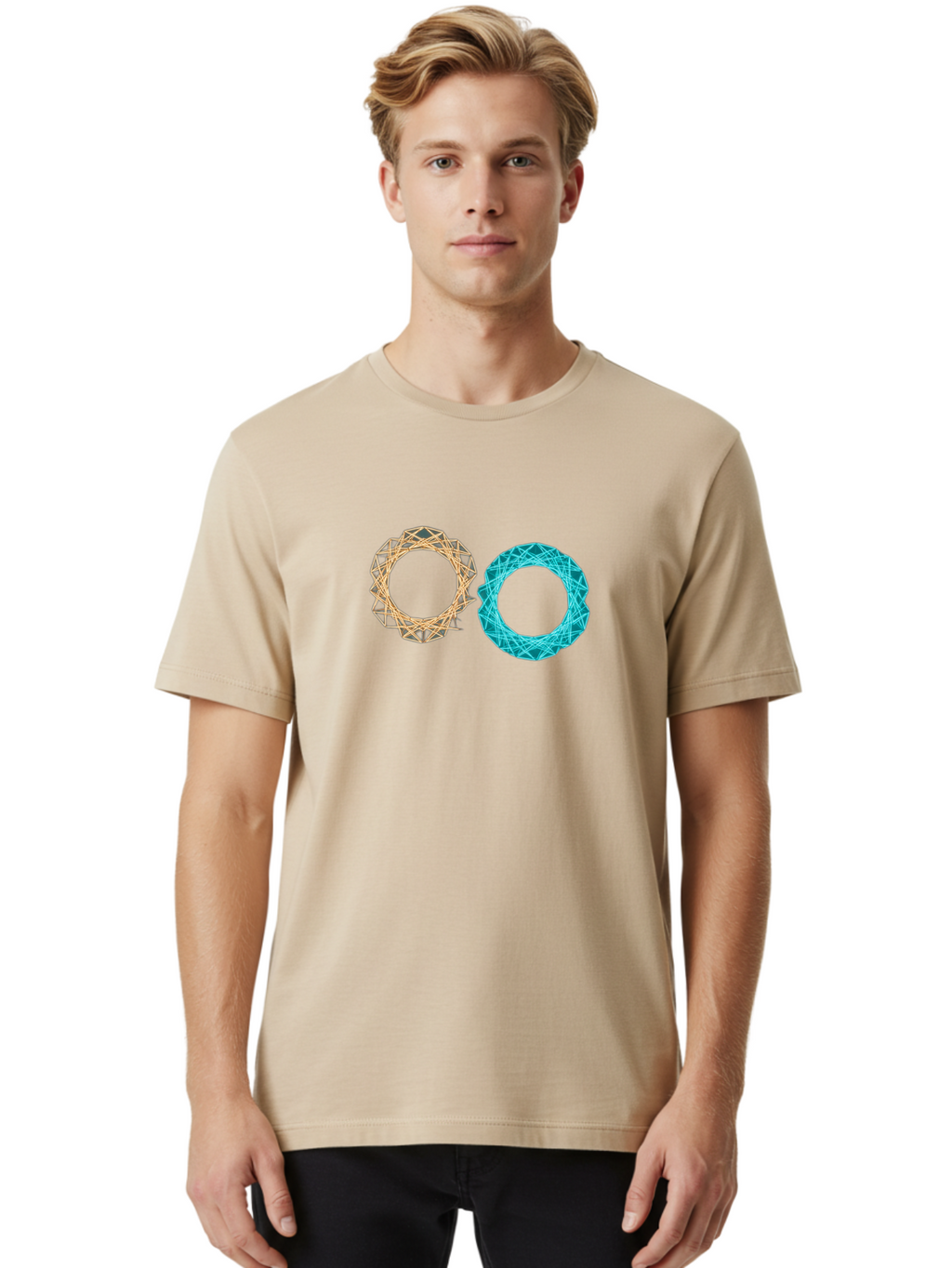 Orange-And-Blue-Wireframe-Circles Men'S Graphic Tee, 100% Cotton, Comfortable Casual Summer Wear, Machine Washable, Vintage Camera, Old Camera, Antique Camera, Black Camera, Classic Photography, Photography Equipment, Nostalgic Device, Bag881