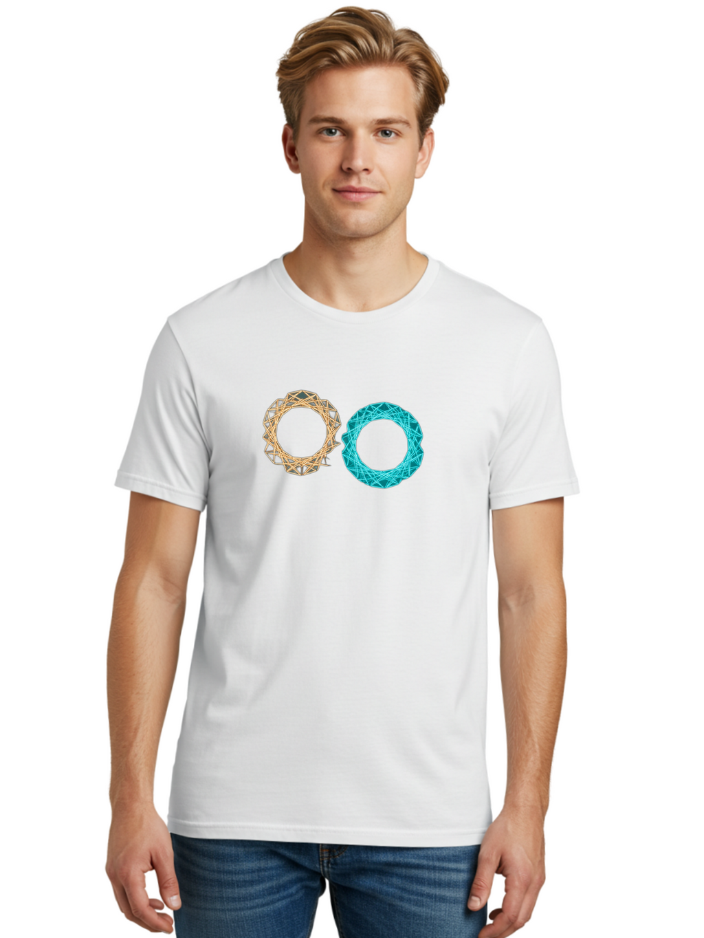 Orange-And-Blue-Wireframe-Circles Men'S Graphic Tee, 100% Cotton, Comfortable Casual Summer Wear, Machine Washable, Vintage Camera, Old Camera, Antique Camera, Black Camera, Classic Photography, Photography Equipment, Nostalgic Device, Bag881