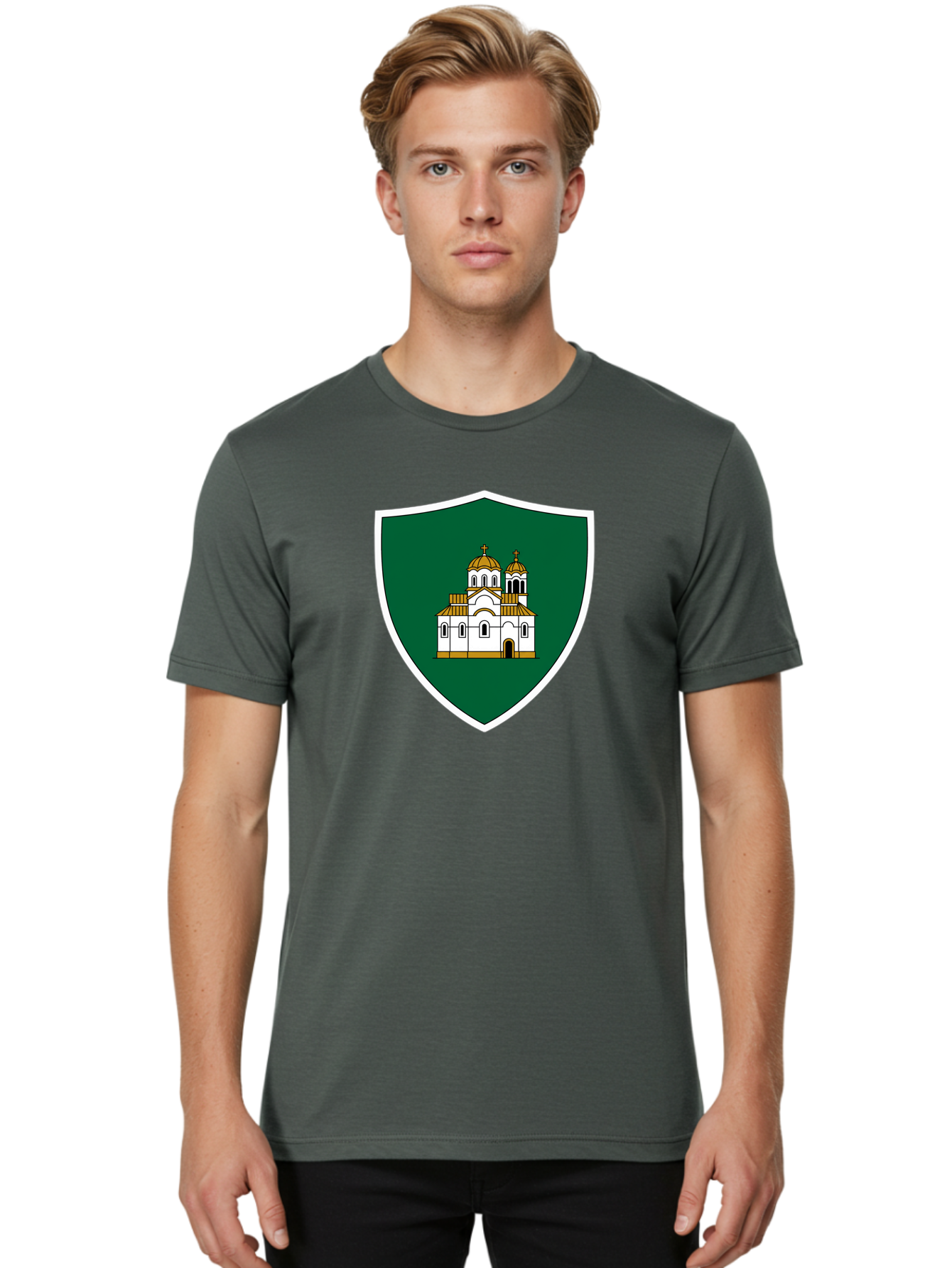 Shield-With-Church Men'S Graphic Tee, 100% Cotton, Comfortable Casual Summer Wear, Machine Washable, Vintage Camera, Old Camera, Antique Camera, Black Camera, Classic Photography, Photography Equipment, Nostalgic Device, Film Camera, Bah097