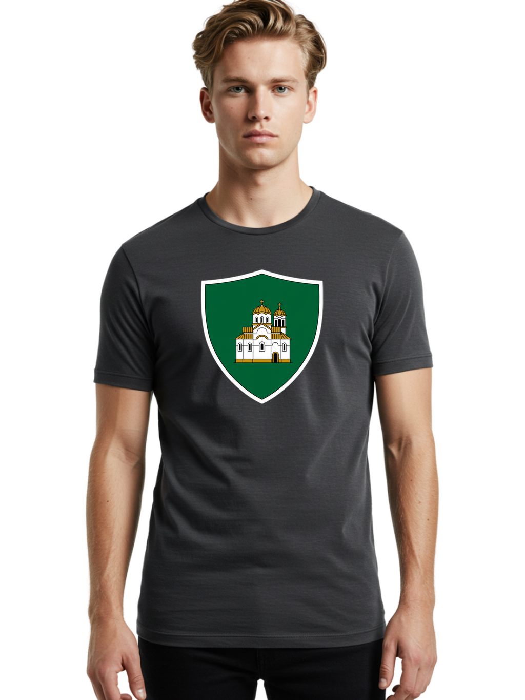 Shield-With-Church Men'S Graphic Tee, 100% Cotton, Comfortable Casual Summer Wear, Machine Washable, Vintage Camera, Old Camera, Antique Camera, Black Camera, Classic Photography, Photography Equipment, Nostalgic Device, Film Camera, Bah097
