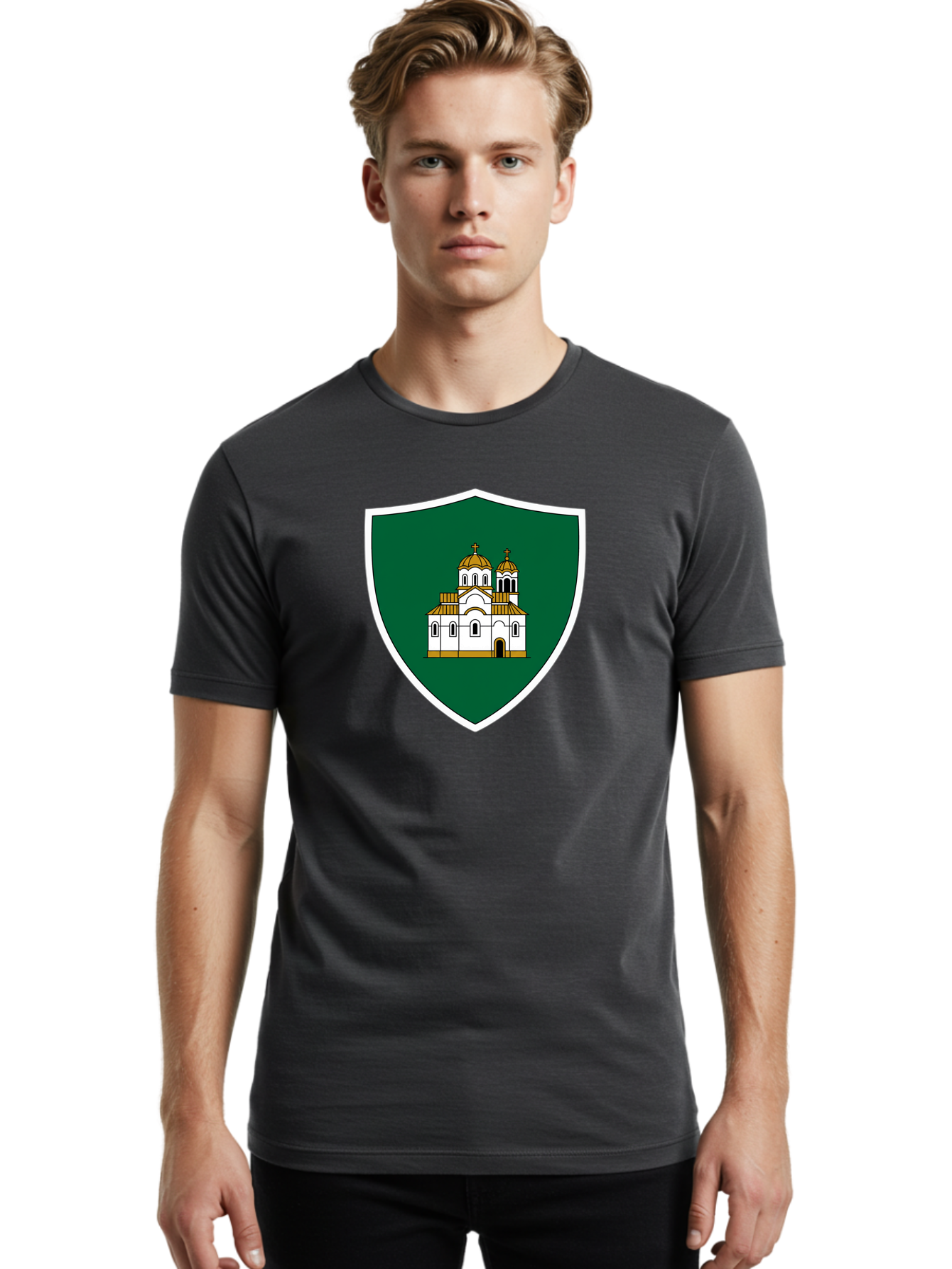 Shield-With-Church Men'S Graphic Tee, 100% Cotton, Comfortable Casual Summer Wear, Machine Washable, Vintage Camera, Old Camera, Antique Camera, Black Camera, Classic Photography, Photography Equipment, Nostalgic Device, Film Camera, Bah097