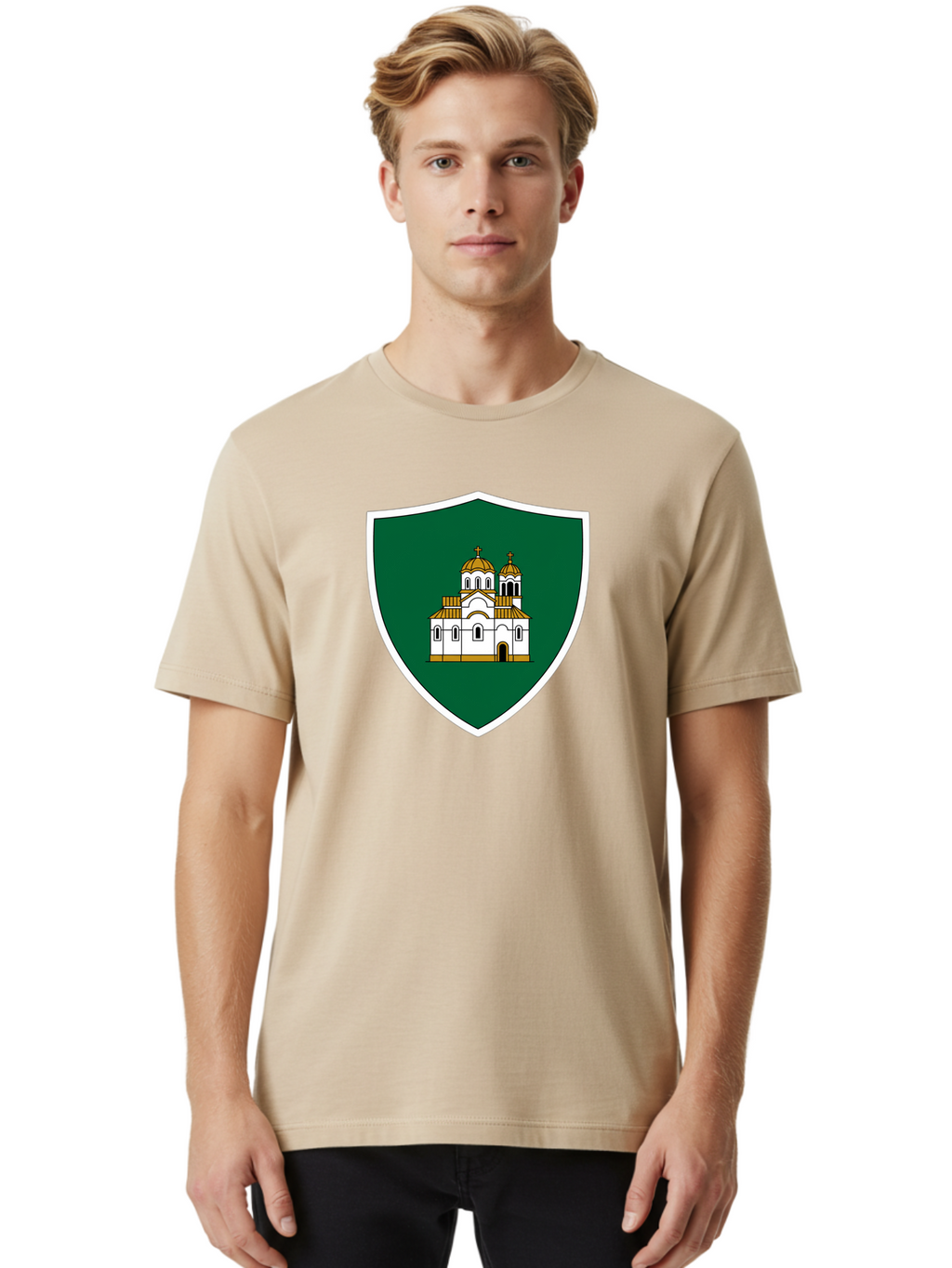 Shield-With-Church Men'S Graphic Tee, 100% Cotton, Comfortable Casual Summer Wear, Machine Washable, Vintage Camera, Old Camera, Antique Camera, Black Camera, Classic Photography, Photography Equipment, Nostalgic Device, Film Camera, Bah097