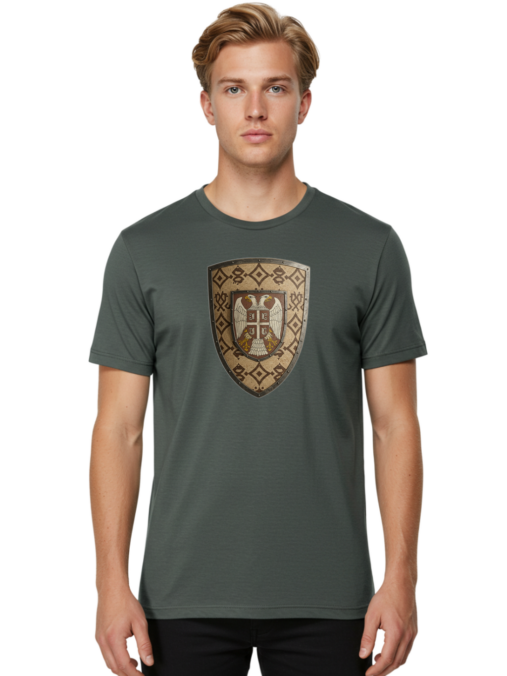 Shield-With-Double-Headed-Eagle Men'S Graphic Tee, 100% Cotton, Comfortable Casual Summer Wear, Machine Washable, Vintage Camera, Old Camera, Antique Camera, Black Camera, Classic Photography, Photography Equipment, Nostalgic Device, Bah099