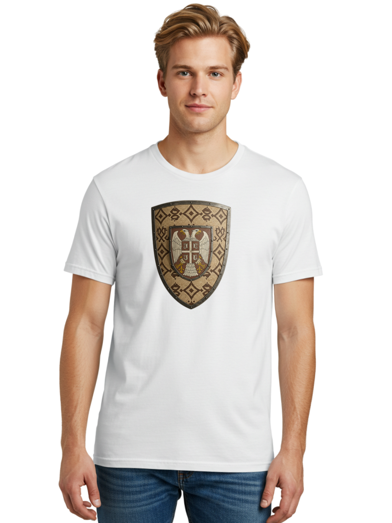 Shield-With-Double-Headed-Eagle Men'S Graphic Tee, 100% Cotton, Comfortable Casual Summer Wear, Machine Washable, Vintage Camera, Old Camera, Antique Camera, Black Camera, Classic Photography, Photography Equipment, Nostalgic Device, Bah099