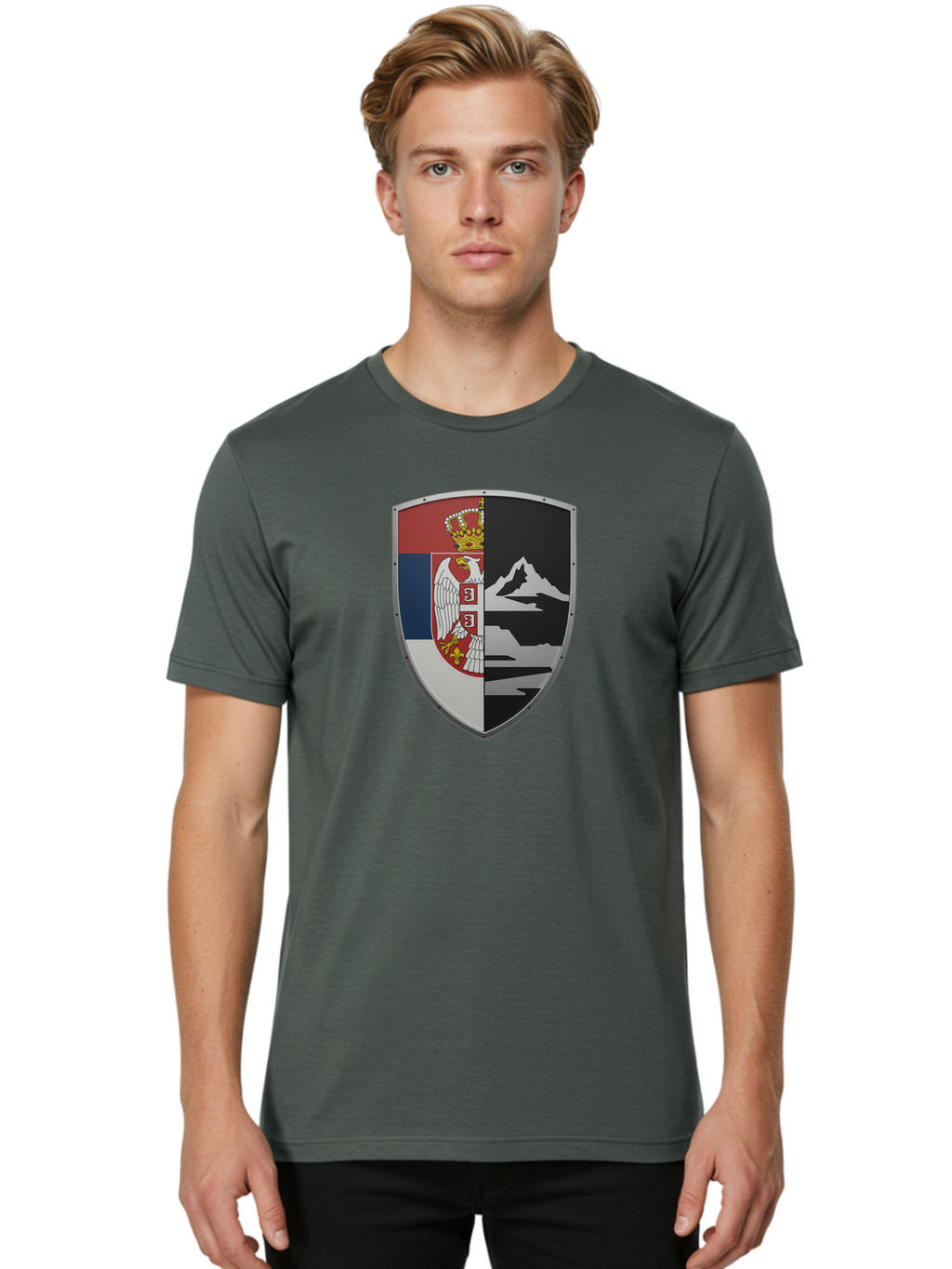 Shield-With-Eagle-And-Mountain Men'S Graphic Tee, 100% Cotton, Comfortable Casual Summer Wear, Machine Washable, Vintage Camera, Old Camera, Antique Camera, Black Camera, Classic Photography, Photography Equipment, Nostalgic Device, Bah100
