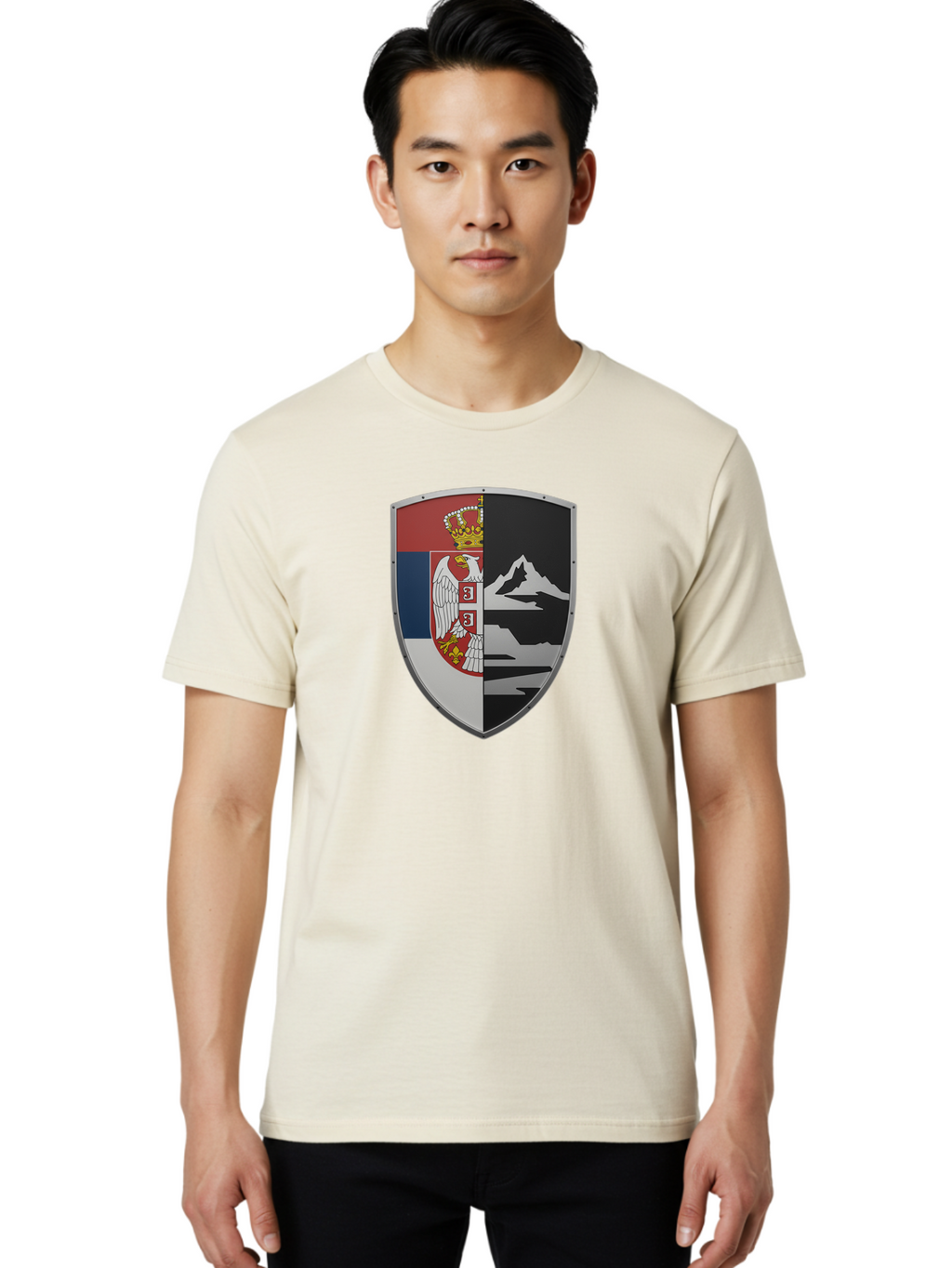 Shield-With-Eagle-And-Mountain Men'S Graphic Tee, 100% Cotton, Comfortable Casual Summer Wear, Machine Washable, Vintage Camera, Old Camera, Antique Camera, Black Camera, Classic Photography, Photography Equipment, Nostalgic Device, Bah100