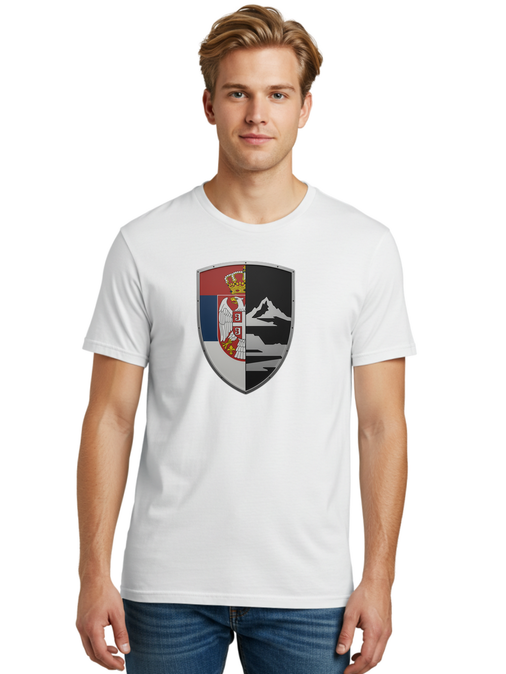 Shield-With-Eagle-And-Mountain Men'S Graphic Tee, 100% Cotton, Comfortable Casual Summer Wear, Machine Washable, Vintage Camera, Old Camera, Antique Camera, Black Camera, Classic Photography, Photography Equipment, Nostalgic Device, Bah100