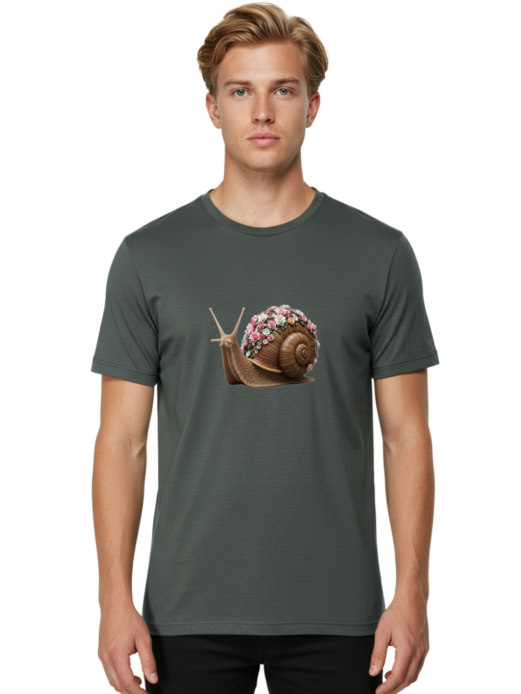 Snail-With-Flowers-4 Men'S Graphic Tee, 100% Cotton, Comfortable Casual Summer Wear, Machine Washable, Vintage Camera, Old Camera, Antique Camera, Black Camera, Classic Photography, Photography Equipment, Nostalgic Device, Film Camera, Bah142
