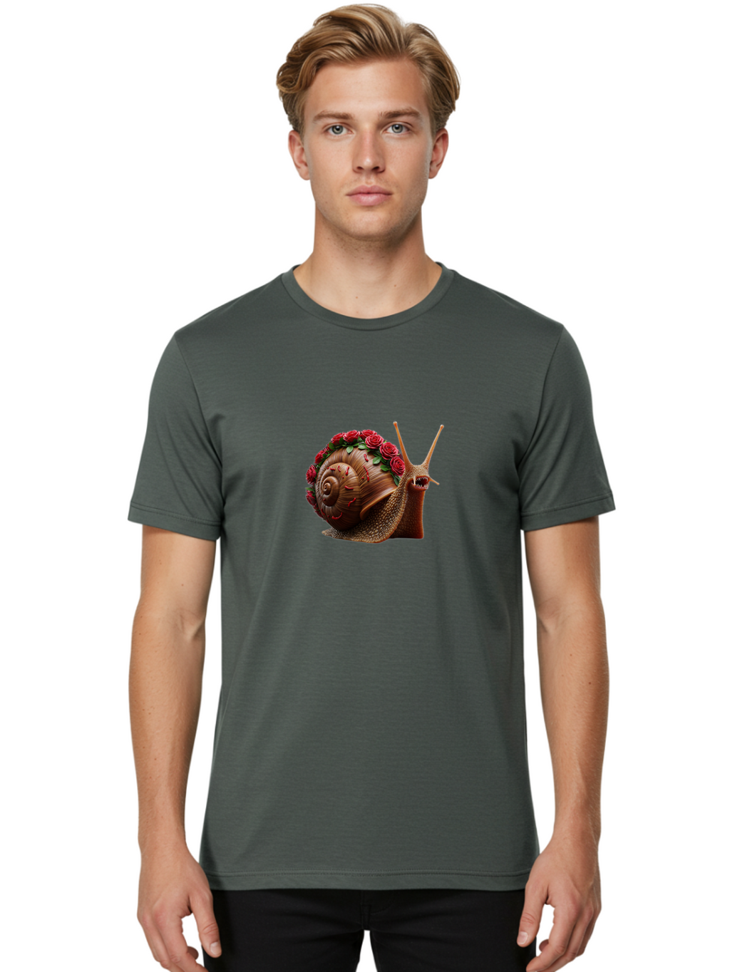 Snail-With-Roses-1 Men'S Graphic Tee, 100% Cotton, Comfortable Casual Summer Wear, Machine Washable, Vintage Camera, Old Camera, Antique Camera, Black Camera, Classic Photography, Photography Equipment, Nostalgic Device, Film Camera, Bah147