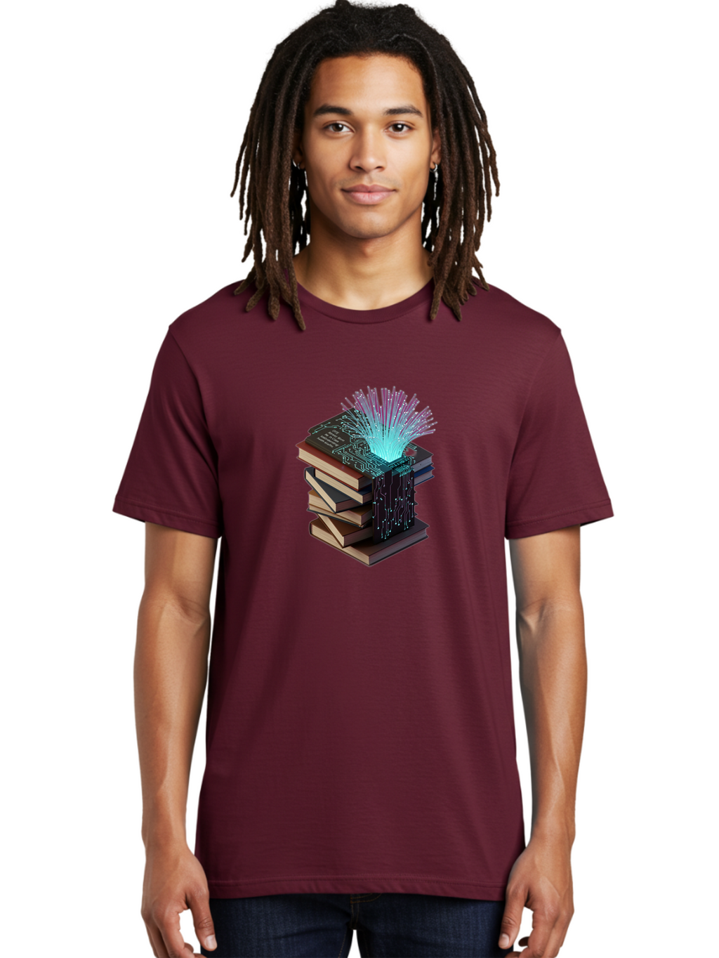 Stacked-Books-With-Circuit-Board-And-Data-Streams Men'S Graphic Tee, 100% Cotton, Comfortable Casual Summer Wear, Machine Washable, Vintage Camera, Old Camera, Antique Camera, Black Camera, Classic Photography, Photography Equipment, Bah172