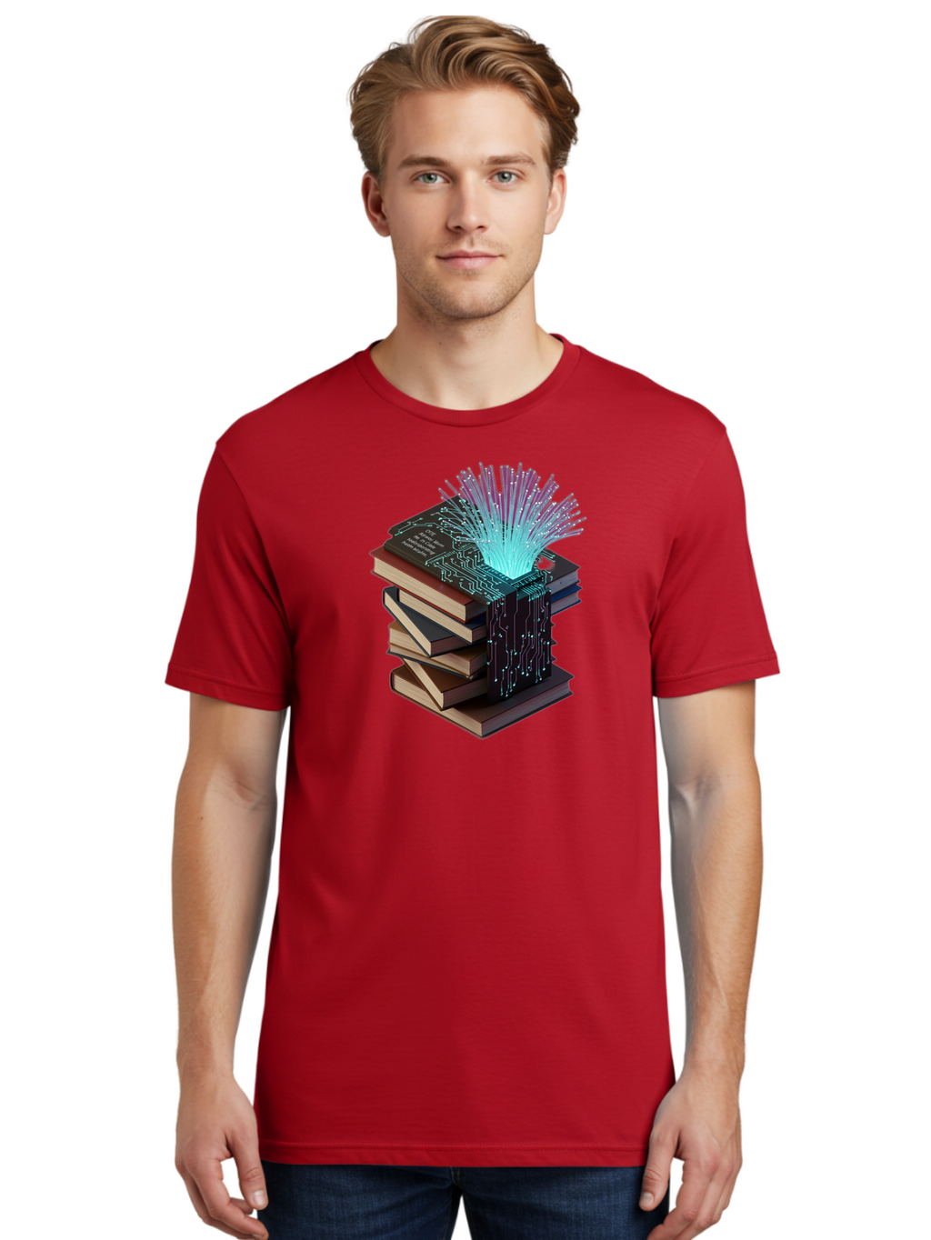 Stacked-Books-With-Circuit-Board-And-Data-Streams Men'S Graphic Tee, 100% Cotton, Comfortable Casual Summer Wear, Machine Washable, Vintage Camera, Old Camera, Antique Camera, Black Camera, Classic Photography, Photography Equipment, Bah172