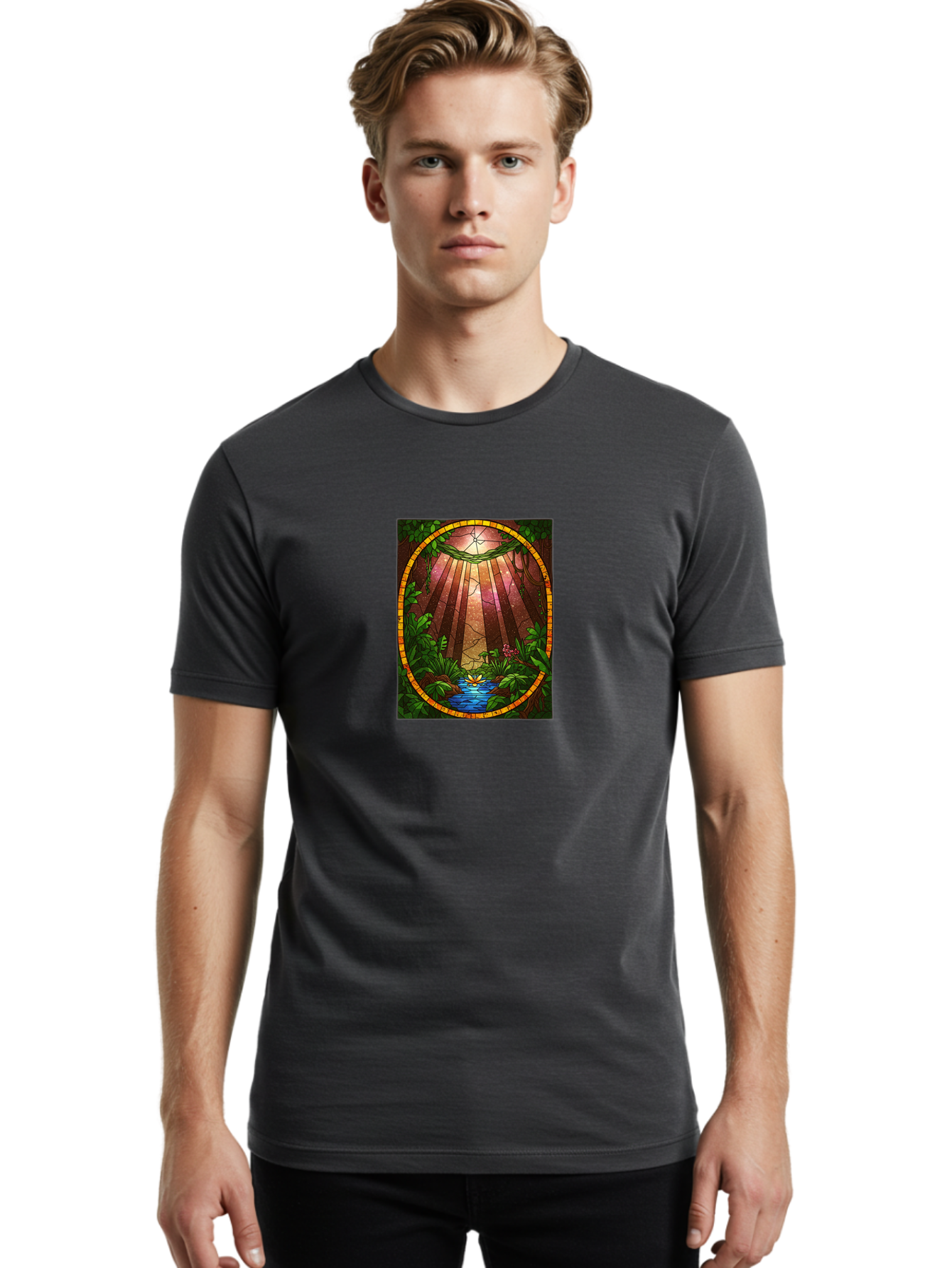 Stained-Glass-Jungle-Scene Men'S Graphic Tee, 100% Cotton, Comfortable Casual Summer Wear, Machine Washable, Vintage Camera, Old Camera, Antique Camera, Black Camera, Classic Photography, Photography Equipment, Nostalgic Device, Film Camera, Bah174