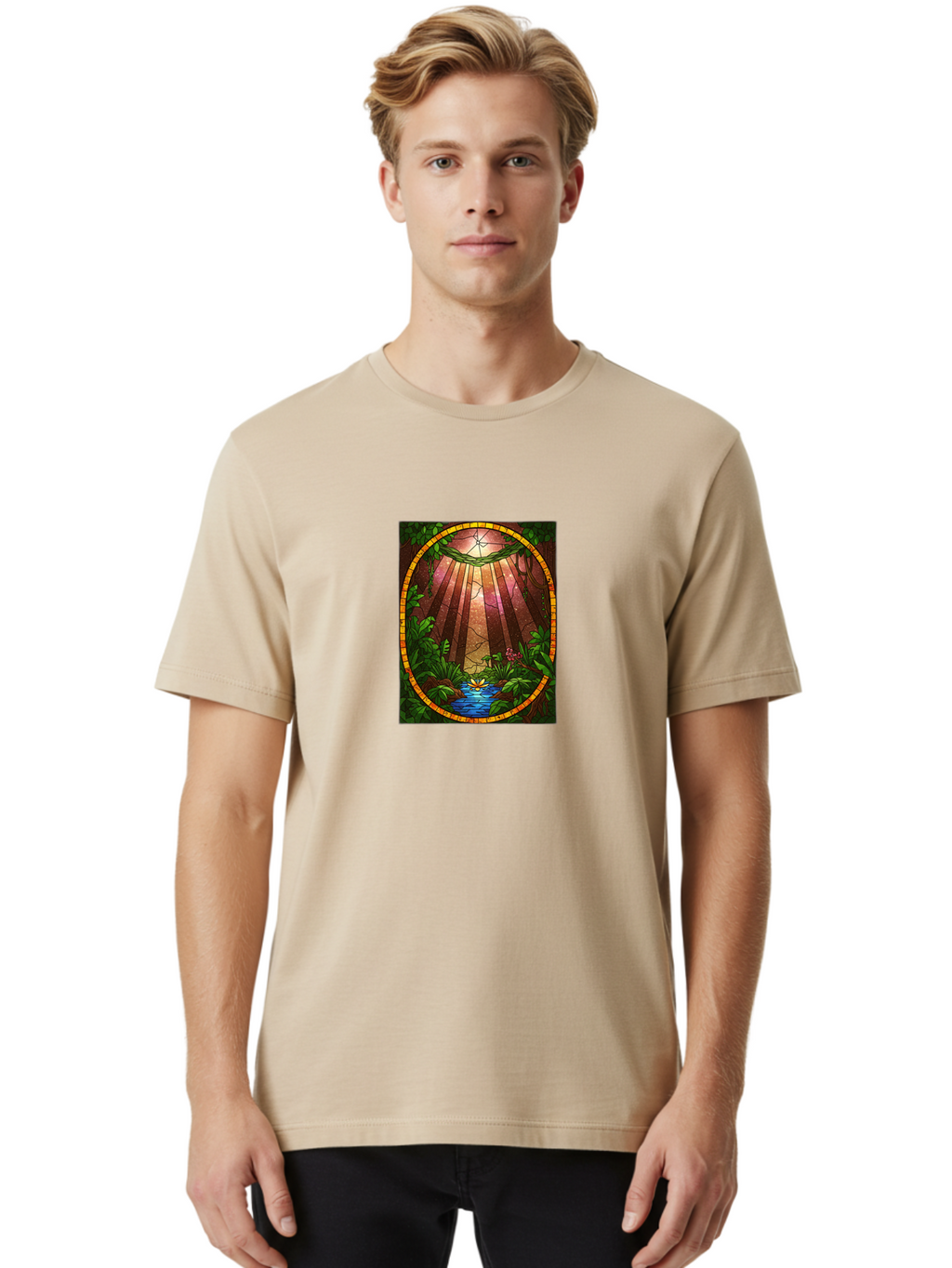 Stained-Glass-Jungle-Scene Men'S Graphic Tee, 100% Cotton, Comfortable Casual Summer Wear, Machine Washable, Vintage Camera, Old Camera, Antique Camera, Black Camera, Classic Photography, Photography Equipment, Nostalgic Device, Film Camera, Bah174