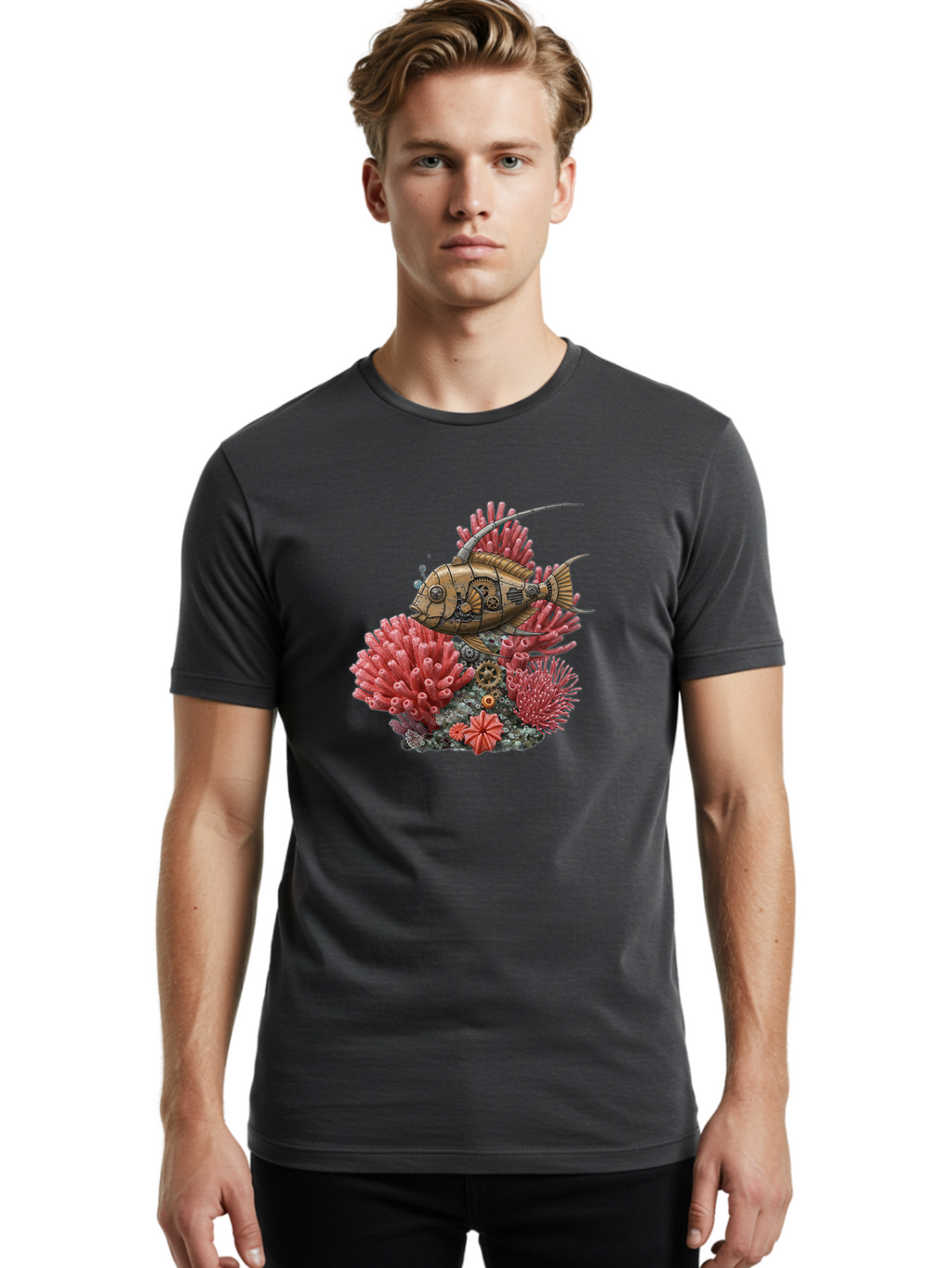 Steampunk-Fish Men'S Graphic Tee, 100% Cotton, Comfortable Casual Summer Wear, Machine Washable, Vintage Camera, Old Camera, Antique Camera, Black Camera, Classic Photography, Photography Equipment, Nostalgic Device, Film Camera, Camera Art Bah182