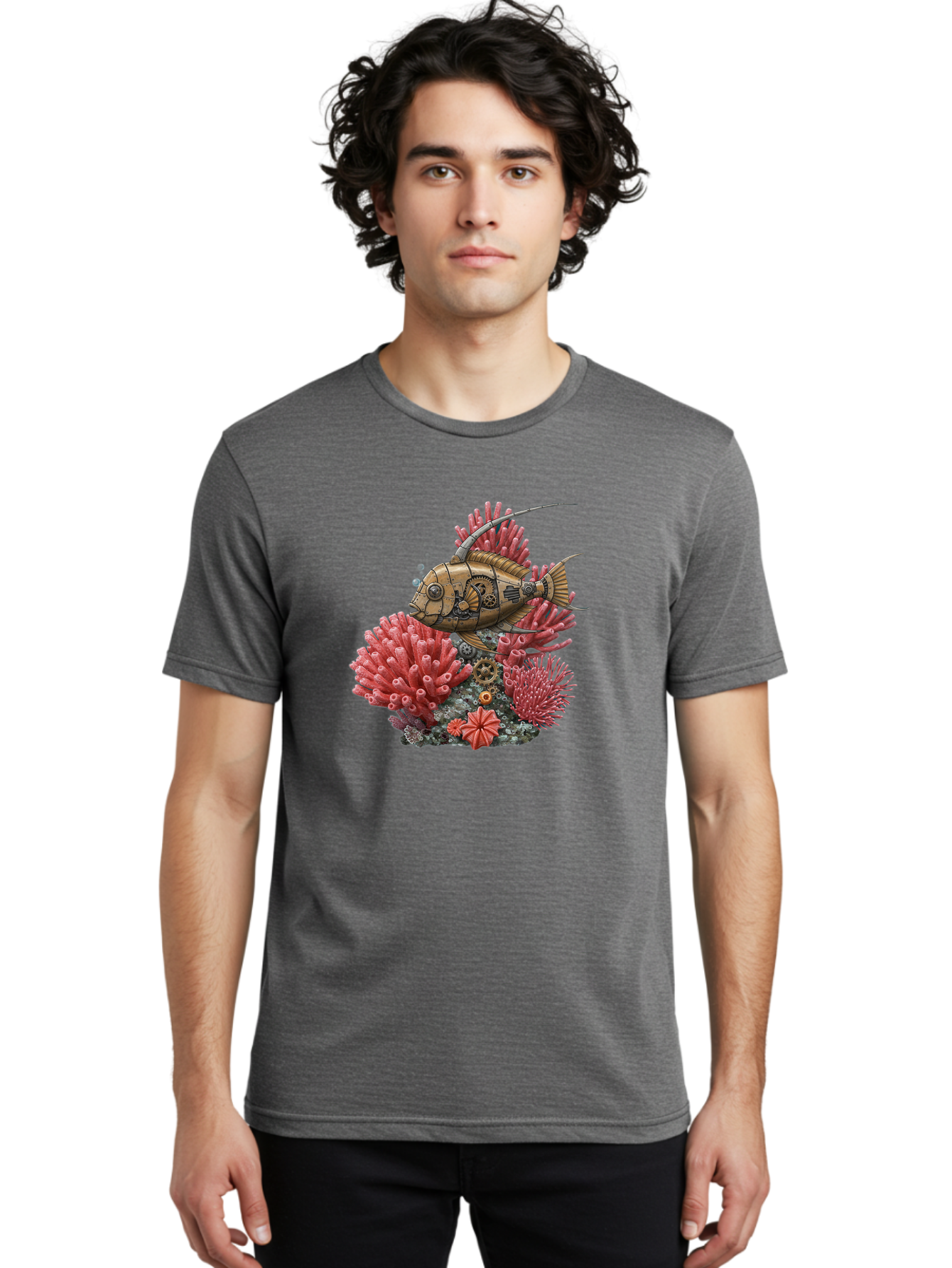 Steampunk-Fish Men'S Graphic Tee, 100% Cotton, Comfortable Casual Summer Wear, Machine Washable, Vintage Camera, Old Camera, Antique Camera, Black Camera, Classic Photography, Photography Equipment, Nostalgic Device, Film Camera, Camera Art Bah182