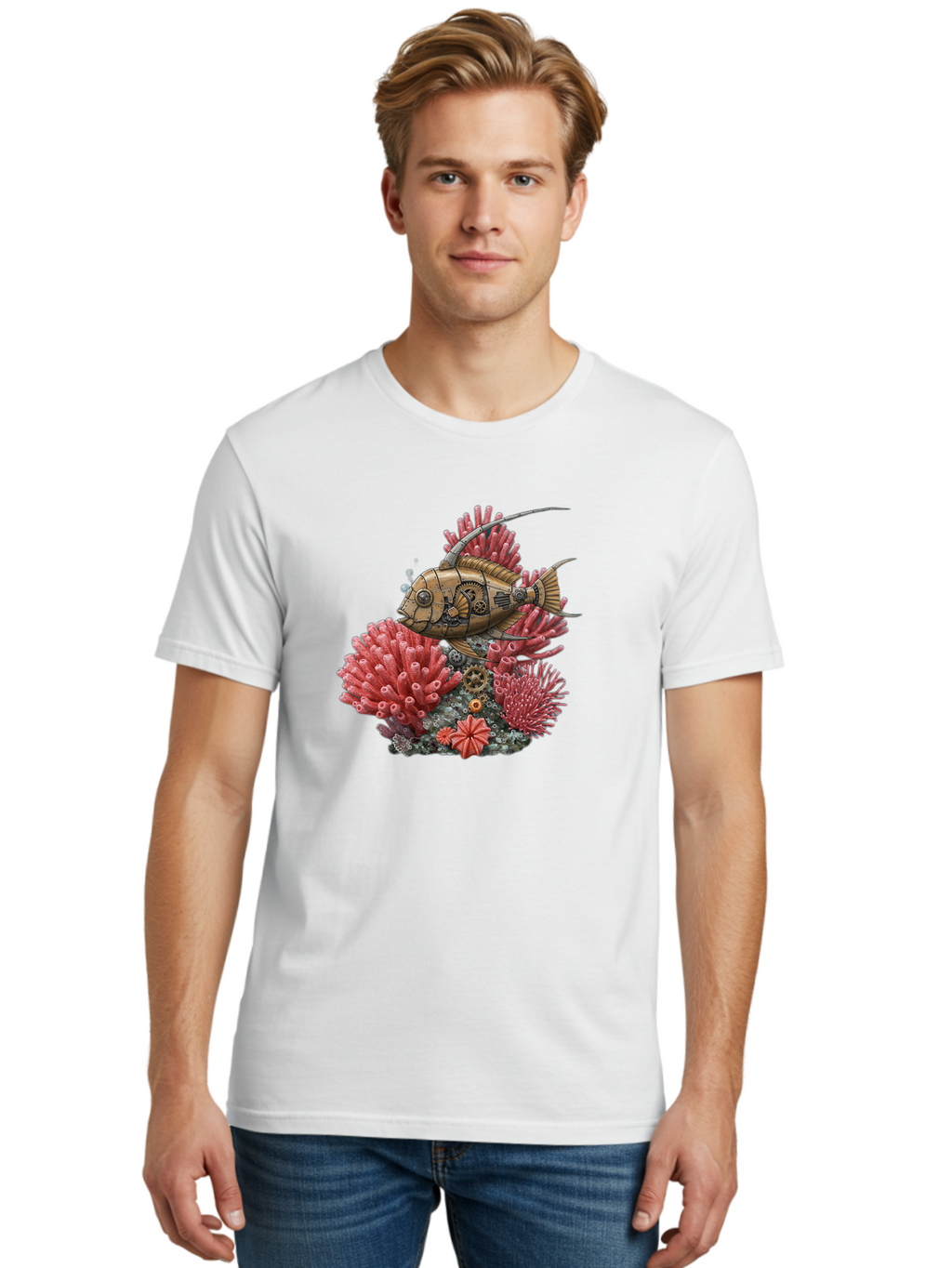 Steampunk-Fish Men'S Graphic Tee, 100% Cotton, Comfortable Casual Summer Wear, Machine Washable, Vintage Camera, Old Camera, Antique Camera, Black Camera, Classic Photography, Photography Equipment, Nostalgic Device, Film Camera, Camera Art Bah182